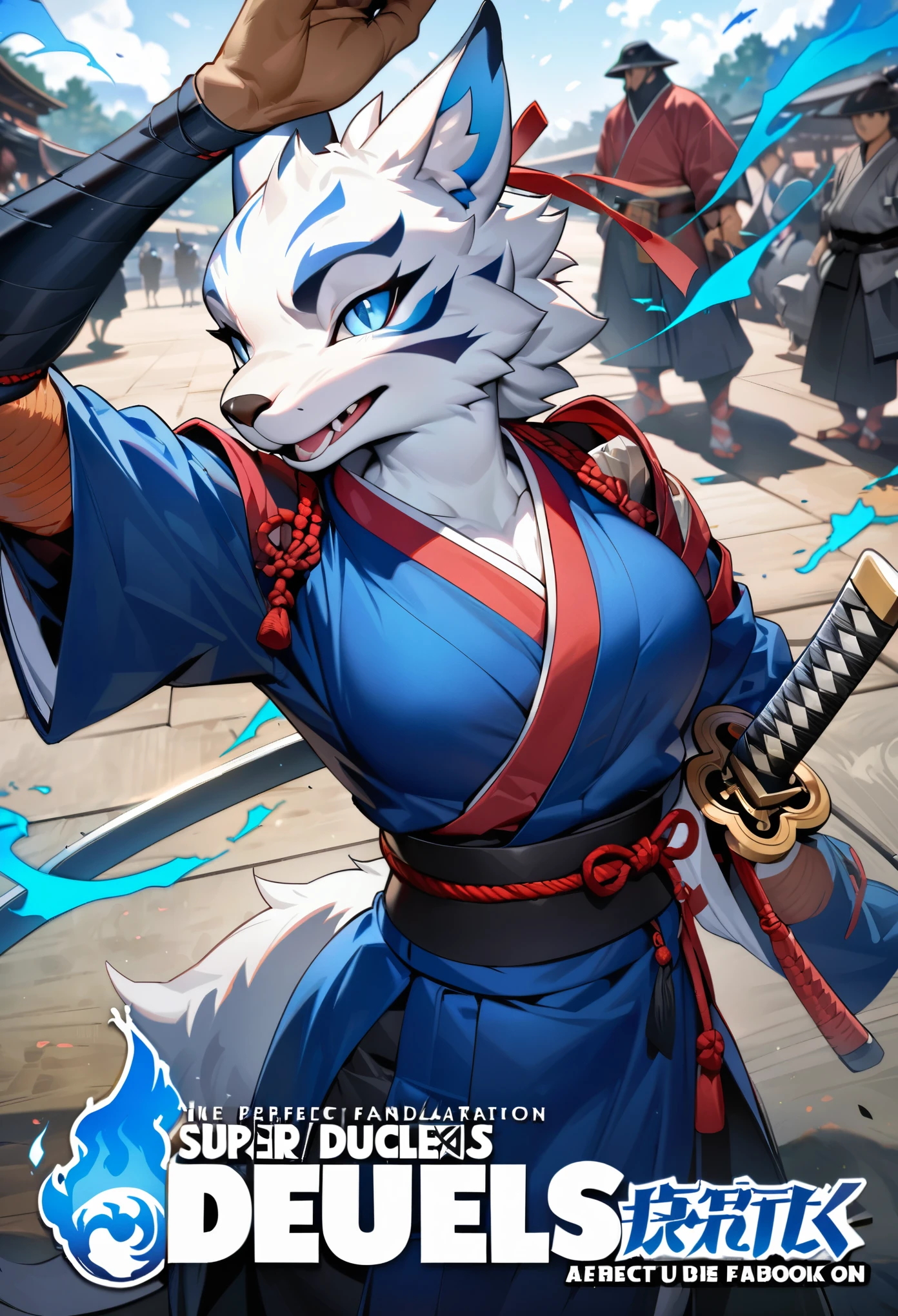 cover page, highres, top quality, best quality, paid reward available, unparalleled masterpiece, perfect artwork, absurdres, High-quality illustrations, super high resolution, detailed background, shuimobysim, perfect anatomy (furry, anthro, kemono, solo focus, Japanese kimono, ninja, samurai, sword with blue flames, battle duels),