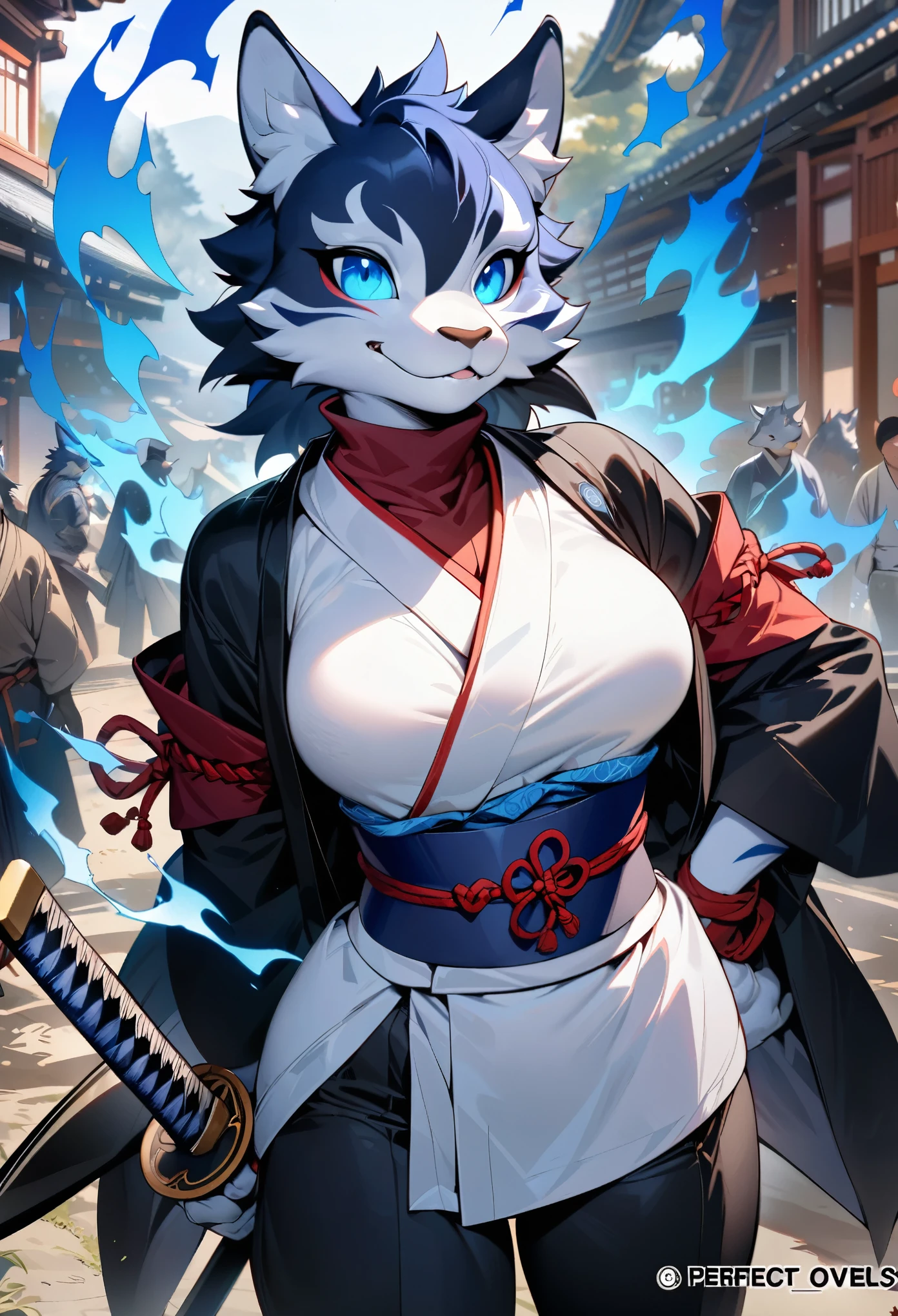 cover page, highres, top quality, best quality, paid reward available, unparalleled masterpiece, perfect artwork, absurdres, High-quality illustrations, super high resolution, detailed background, shuimobysim, perfect anatomy (furry, anthro, kemono, solo focus, Japanese kimono, ninja, samurai, sword with blue flames, battle duels),