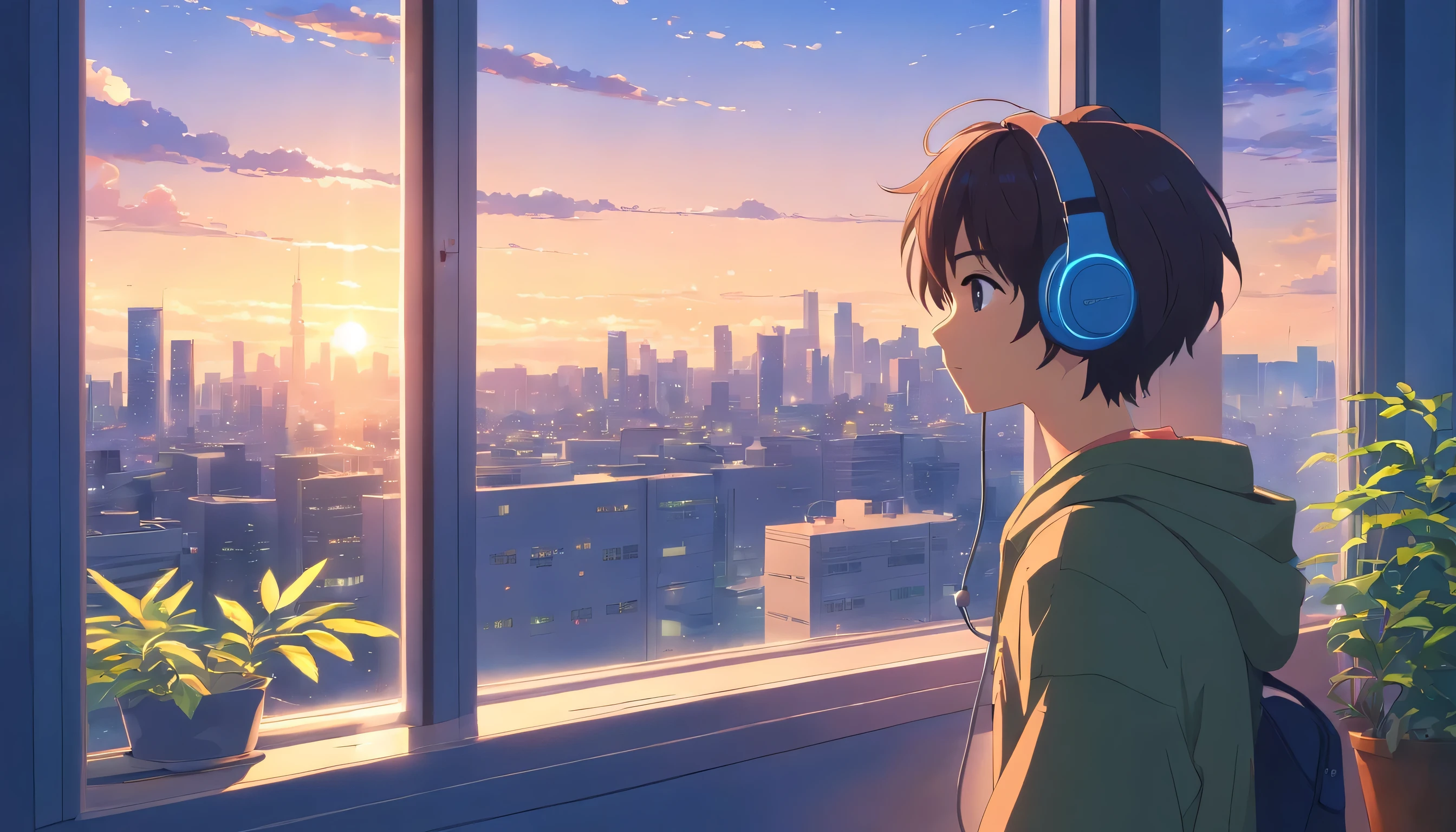 anime boy with headphones looking out a window at a city, lofi boy, anime vibes, lofi artstyle, anime style 4 k, anime aesthetic, nightcore, lofi feel, lofi art, anime art wallpaper 4 k, anime art wallpaper 4k, anime wallpaper 4 k, anime wallpaper 4k, lofi vibes