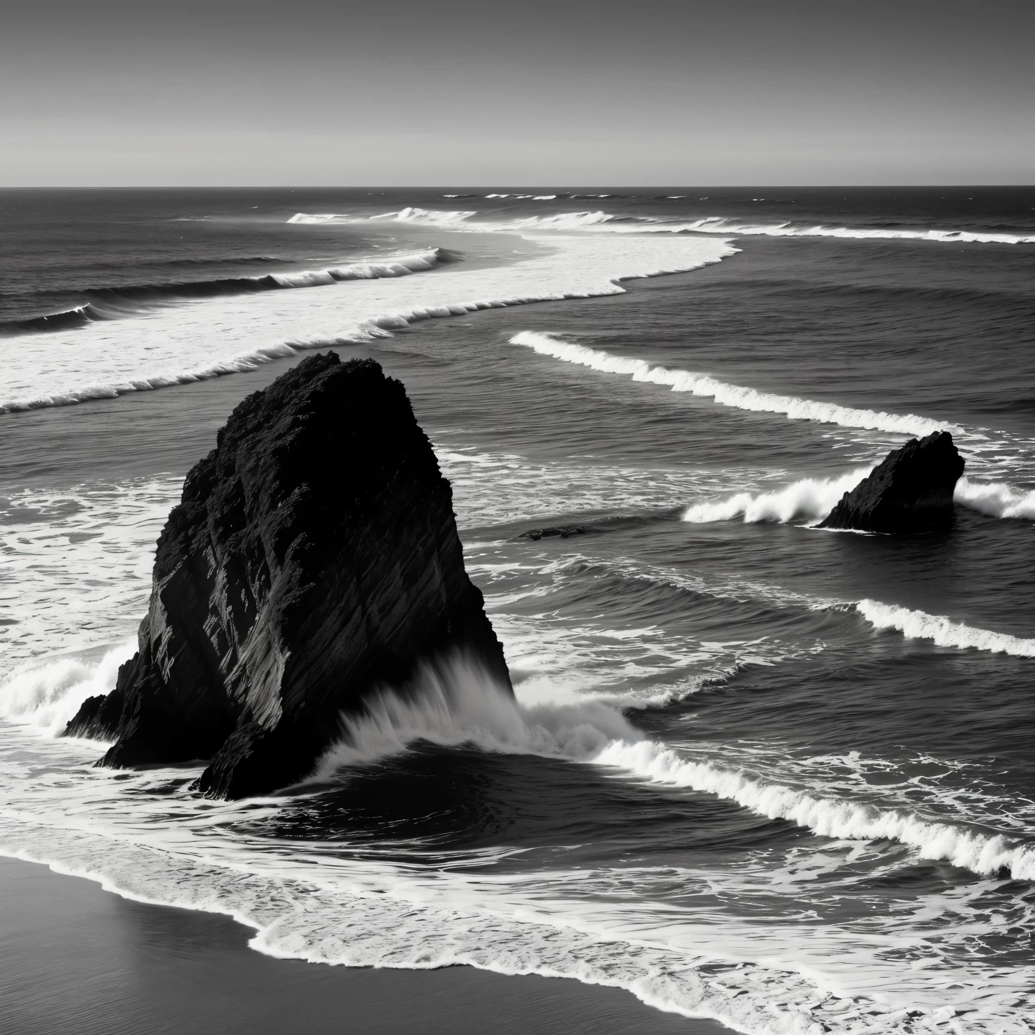 Black and White Photography、(High Contrast:1.7)、The Sea of Terror、Summer sea、Rough seas、Coast of strange rocks、Needle Rock、(Waves crashing on an ocean reef:)、