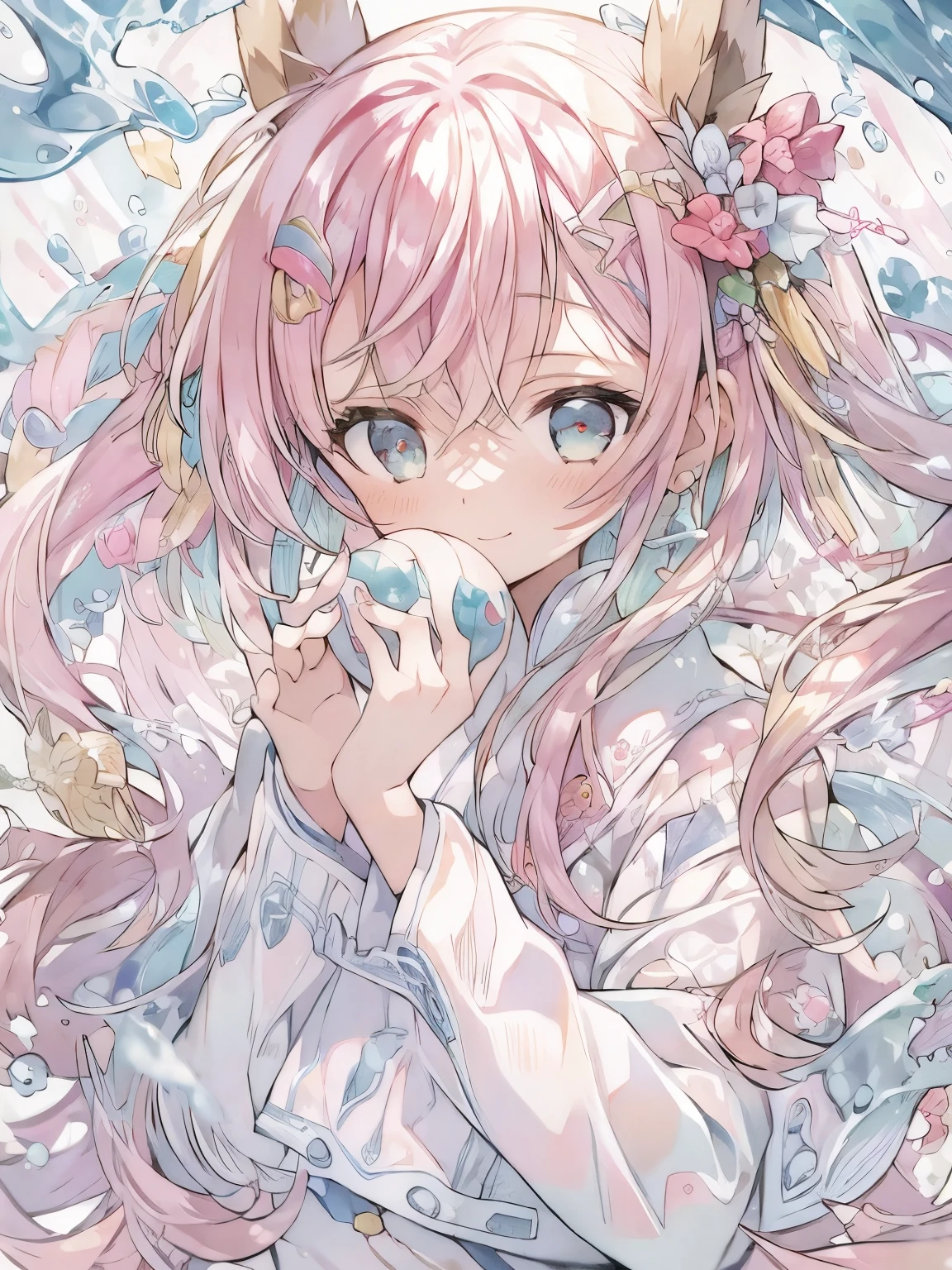 (((masterpiece))), (best quality), (ultra detail), (very_high_resolution), (large_filesize), (full color), One Kemomiko Girl, Beautiful pink and white two-tone hair, Big and beautiful eyes, Blue pupil, (The best smile), (smile: 1.1), (Open your mouth: 1.1), (Please open your eyes: 1.2)