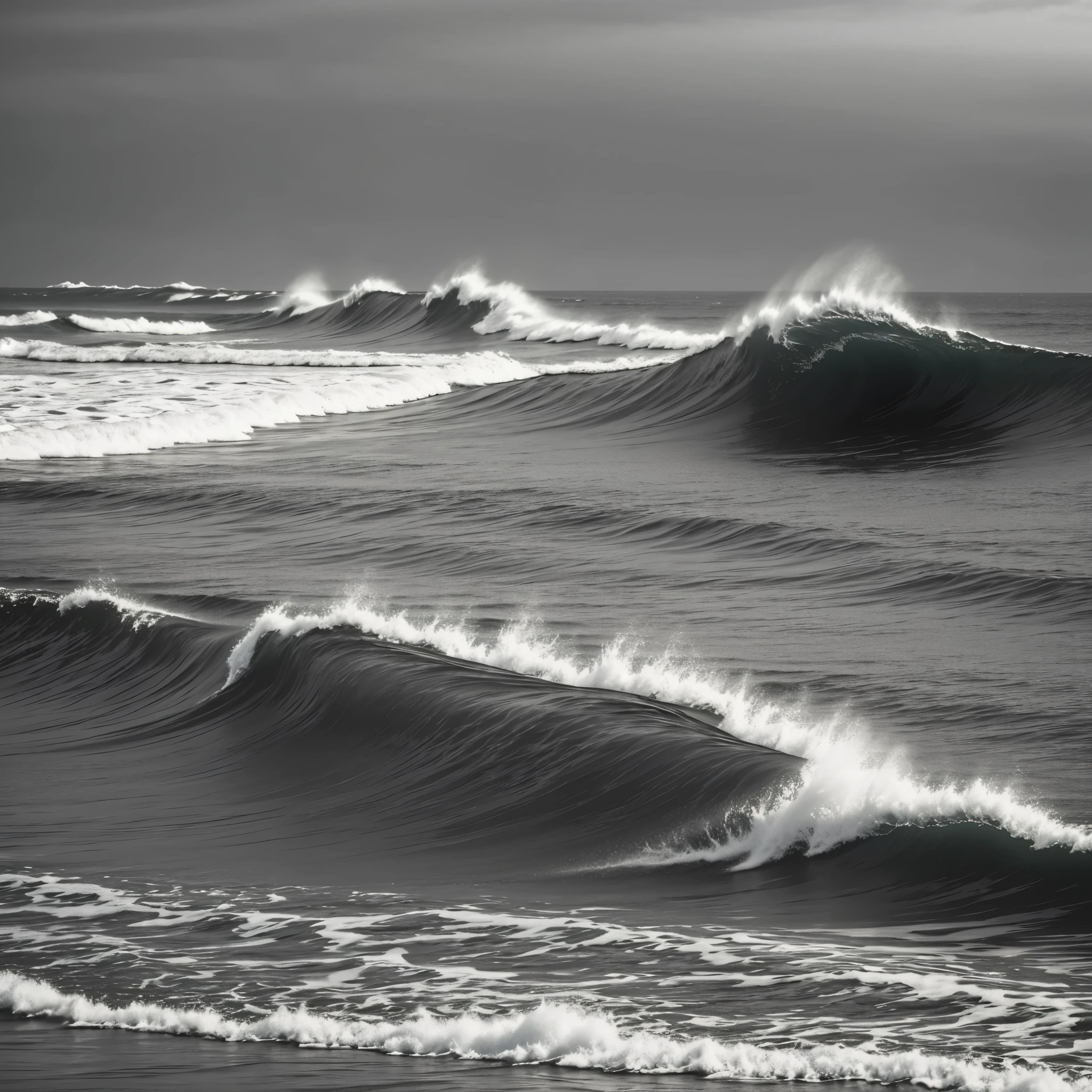 Black and White Photography、(High Contrast:1.7)、The Sea of Terror、Summer sea、Rough seas、Coast of strange rocks、Needle Rock、(Waves crashing on an ocean reef:)、
