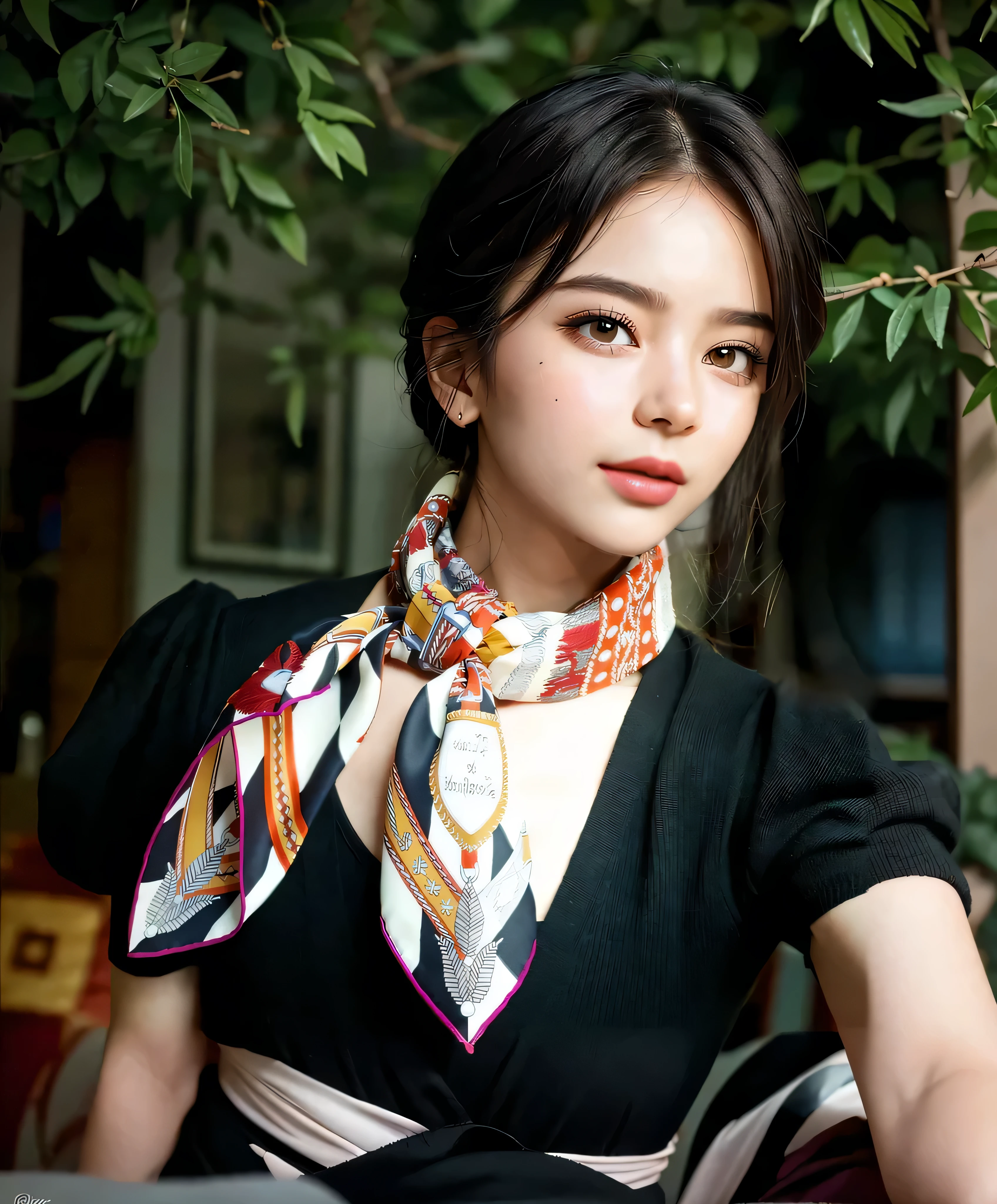 women wearing silk neck scarf,feminine beauty,graceful elegance,sophisticated charm,elegant attire,delicate silk scarf,detailed floral patterns,soft and smooth texture,rich and vibrant colors,(best quality,highres:1.2),ultra-detailed representation of the scarf,subtle shine and shimmering effect,vivid and eye-catching coloration,exquisite fashion accessory,enhancing the overall ensemble,perfectly tied knot,graceful draping,floating gently in the wind,enhancing the wearer's femininity and allure,natural lighting,soft and diffused,illuminating the scene with a warm glow,fine attention to facial features,expressive eyes,delicately curved eyebrows,rosy lips with a hint of gloss,confident and alluring gaze,subtle smile,conveying a sense of poise and elegance,background scenery featuring a serene garden,fragrant blossoms,swaying trees and gentle breeze,creating a tranquil and enchanting atmosphere,colours: pastel shades,pinkish hues and soft greens,evoke a sense of tranquility and harmony.
