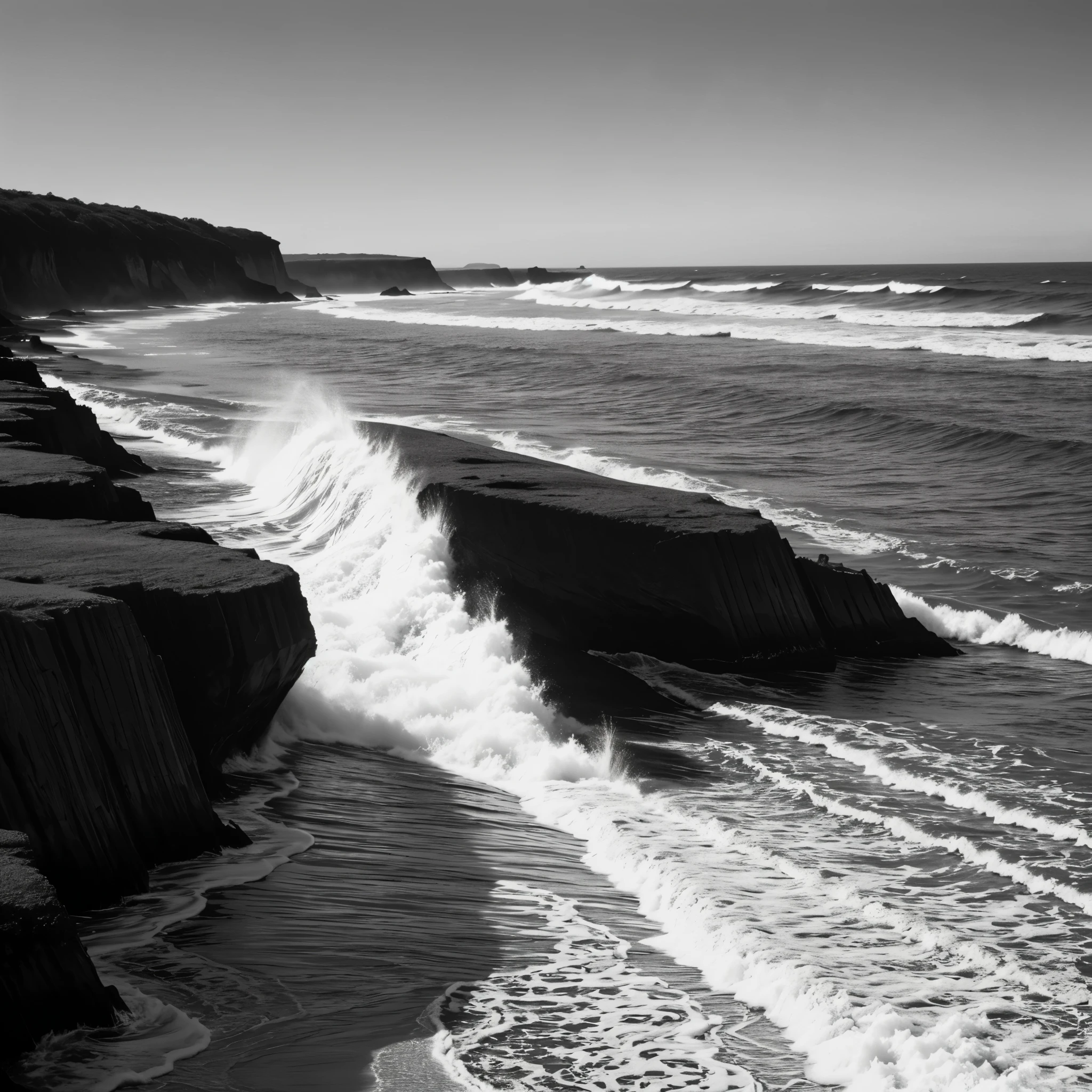 Black and White Photography、(High Contrast:1.7)、The Sea of Terror、Summer sea、Rough seas、Coast of strange rocks、Needle Rock、(Waves crashing on an ocean reef:)、