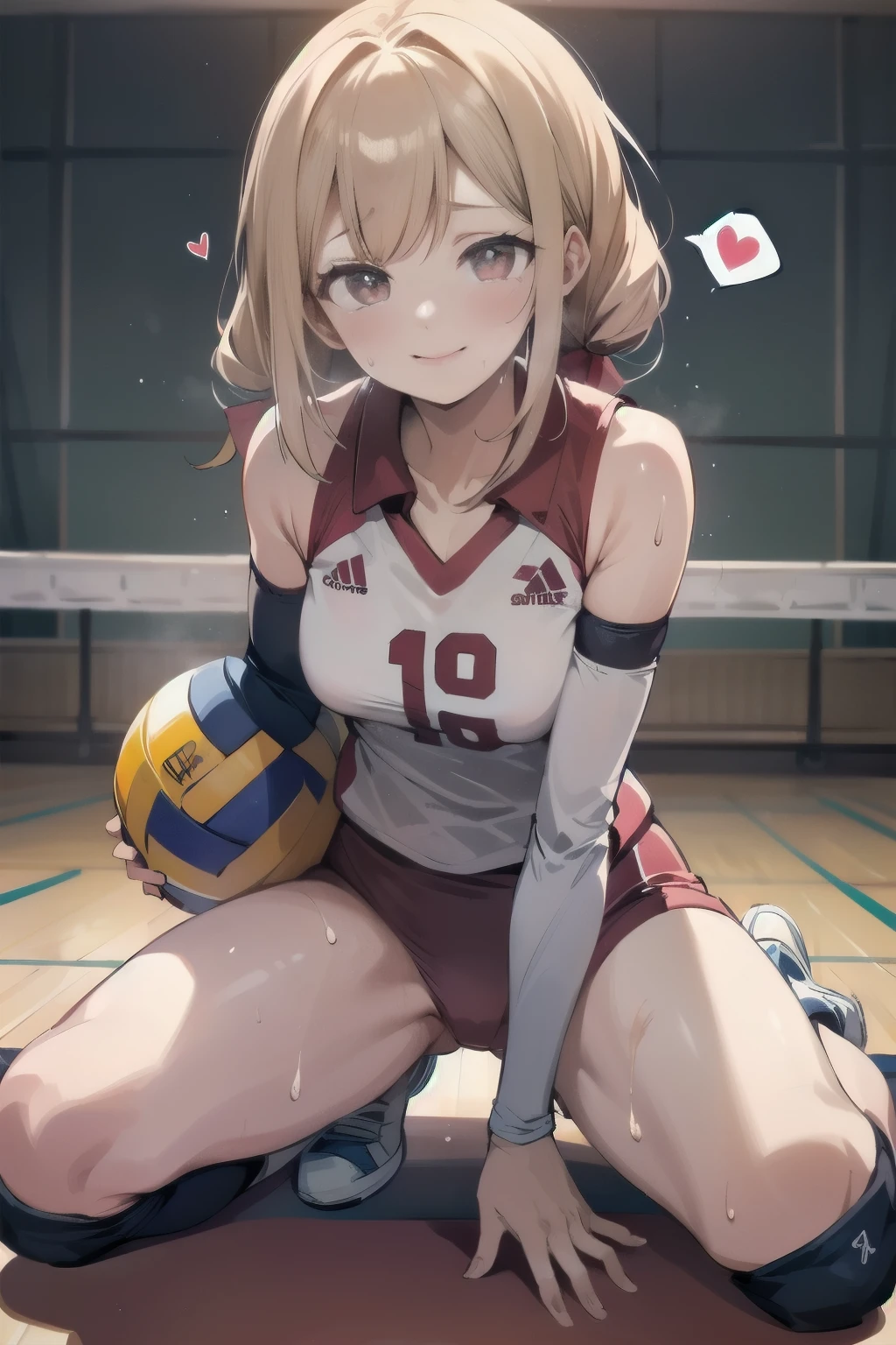 unity 8k wallpaper, anatomically correct, (((masterpiece))), (((best quality))), (((ultra detailed))), (((high-resolution))), ((Ultimate cutie)), perfect hands, perfect finger, (((good anatomy))), detailed beautiful face, shiny hair, (((gyaru))), (potbelly), (curvy), medium breasts, ((Thick thighs)), (((solo))), ((seductive smile)), (((blush))), ((embarrassed expression)), (Eyes are heart marks), (heart shaped pupils), ((trembling)),
BREAK, (((sit astride the perfectly spherical shape 6-inch volleyball))), (((Straddling a perfectly spherical 6" volleyball))), (((Perfectly spherical 6" volleyball fits perfectly crotch))), BREAK, (((Rub the Perfectly spherical 6" volleyball against crotch))), (masturbation),
BREAK, adidas, (Collared volleyball uniforms), sleeveless, ((buruma)), ((kneepad)), ((pussy juice stained)), (elbow pad), (((sweat))), (((covered in sweat))), ((deep breathing)), in Volleyball Court, indoor, lighting, looking at viewer, full body, (spoken heart)