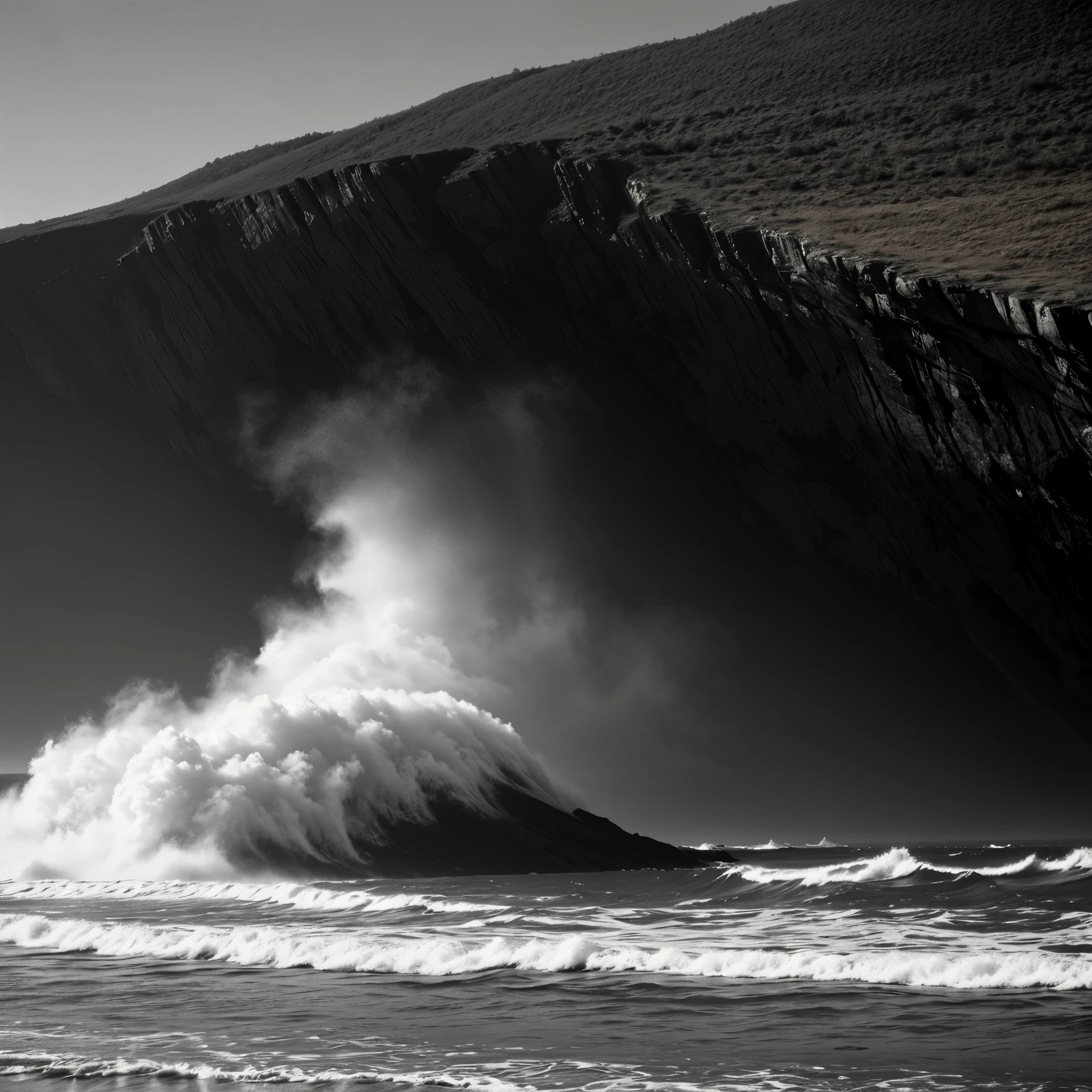 Black and White Photography、(High Contrast:1.7)、The Sea of Terror、Summer sea、Rough seas、Coast of strange rocks、Needle Rock、(Waves crashing on an ocean reef:)、