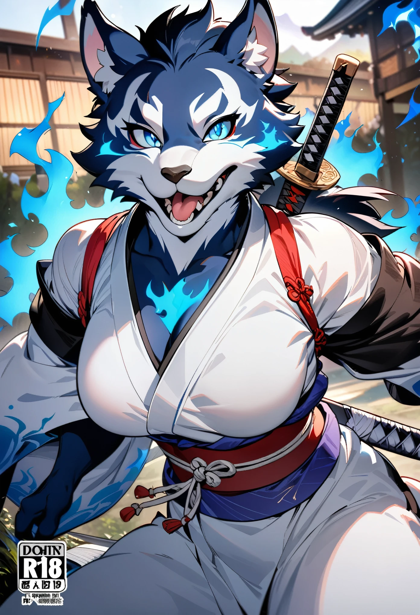 cover page, highres, top quality, best quality, paid reward available, unparalleled masterpiece, perfect artwork, absurdres, High-quality illustrations, super high resolution, detailed background, shuimobysim, perfect anatomy (furry, anthro, kemono, solo focus, Japanese kimono, ninja, samurai, sword with blue flames, battle duels),