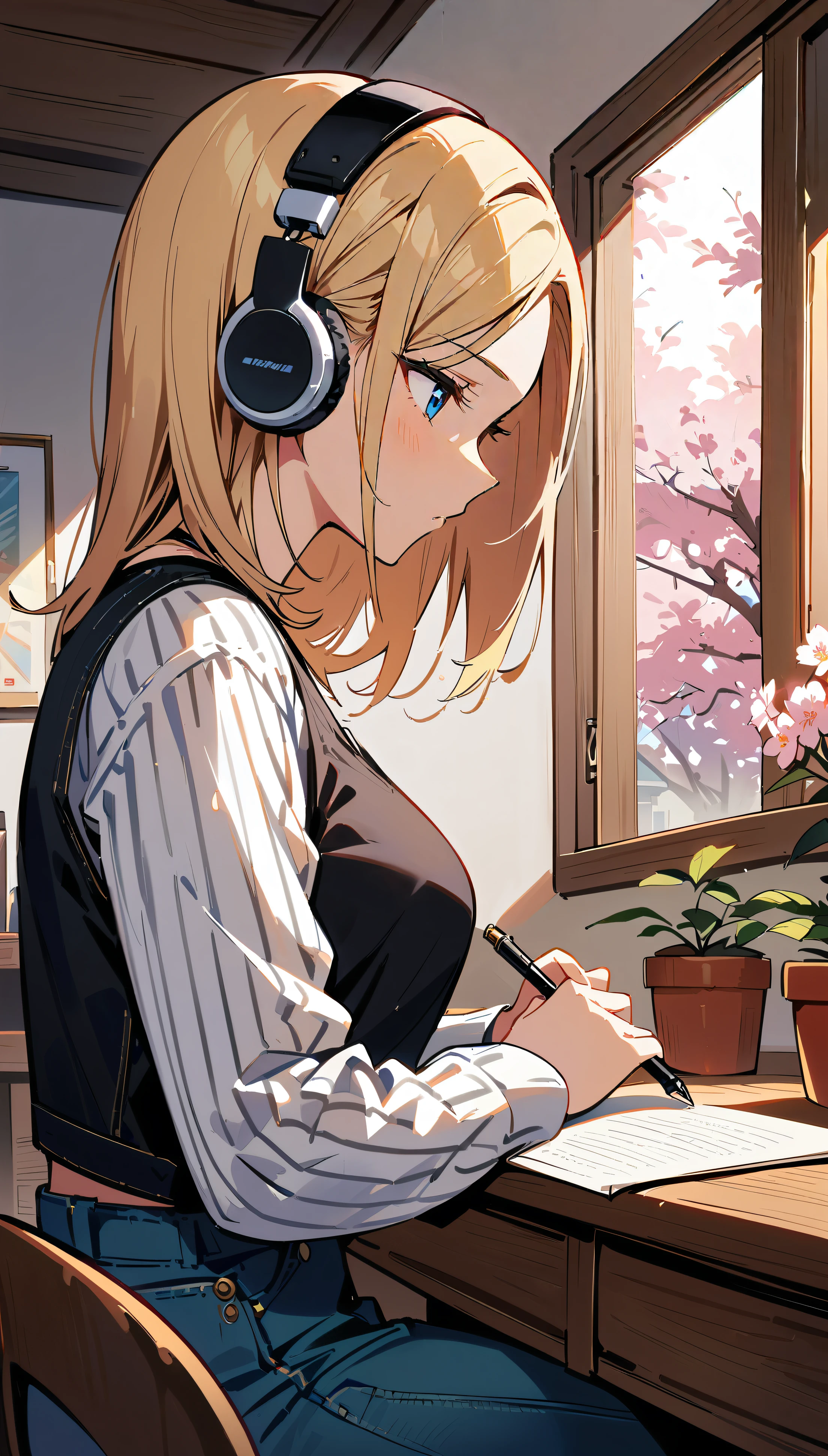 (masterpiece, best quality:1.2), 1girl, solo, Android 18 from Dragon Ball in her chic and pristine log cabin room, slender figure, (wearing white headphones), short blonde hair, blue eyes, earrings, jewelry, denim vest, black pantyhose, black fitted and cropped camisole, denim skirt, striped long sleeves, seated at her stylishly organized desk intently writing in a journal, completely absorbed in documenting her thoughts, desk has a modern desk lamp, potted plant, an additional small potted plant in the foreground, chic log cabin style wooden walls, minimalist yet tasteful room decor with no clutter, large window with cherry blossoms blooming outside, side view, 4K