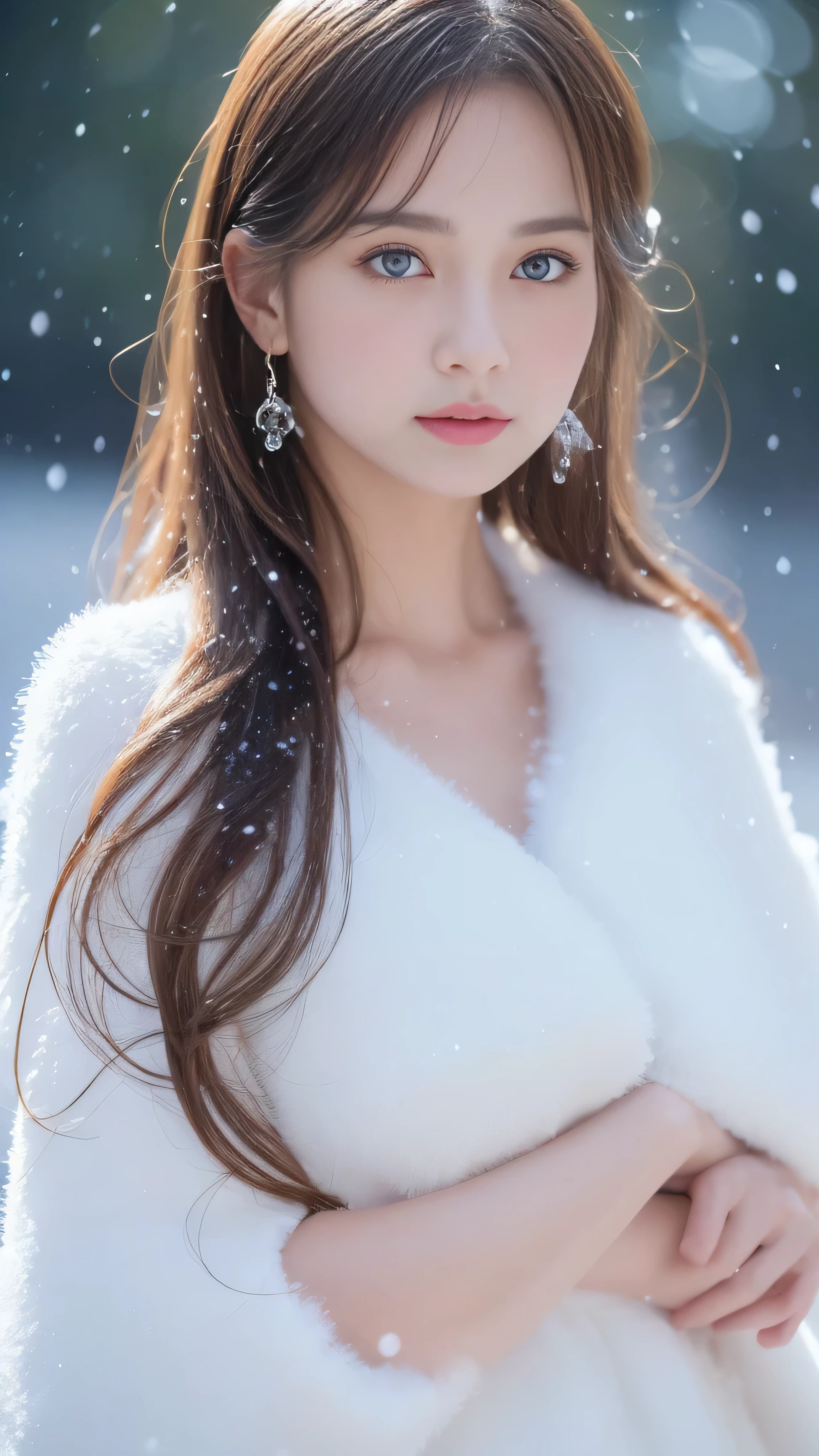 (highest quality, 8k, 32K,details are very clear),Realistic, High resolution, 1 Japanese Women, alone, (ta Costume),Gorgeous costumes,Facing the audience,(Upper Body,Upper limbs), Beautiful Eyes, brown hair, Ring-shaped eyes, (outside,Heavy snowfall,thick fur cape,Cover with snow),Snowfield,blue eyes,highest qualityのイラスト,Detailed facial features