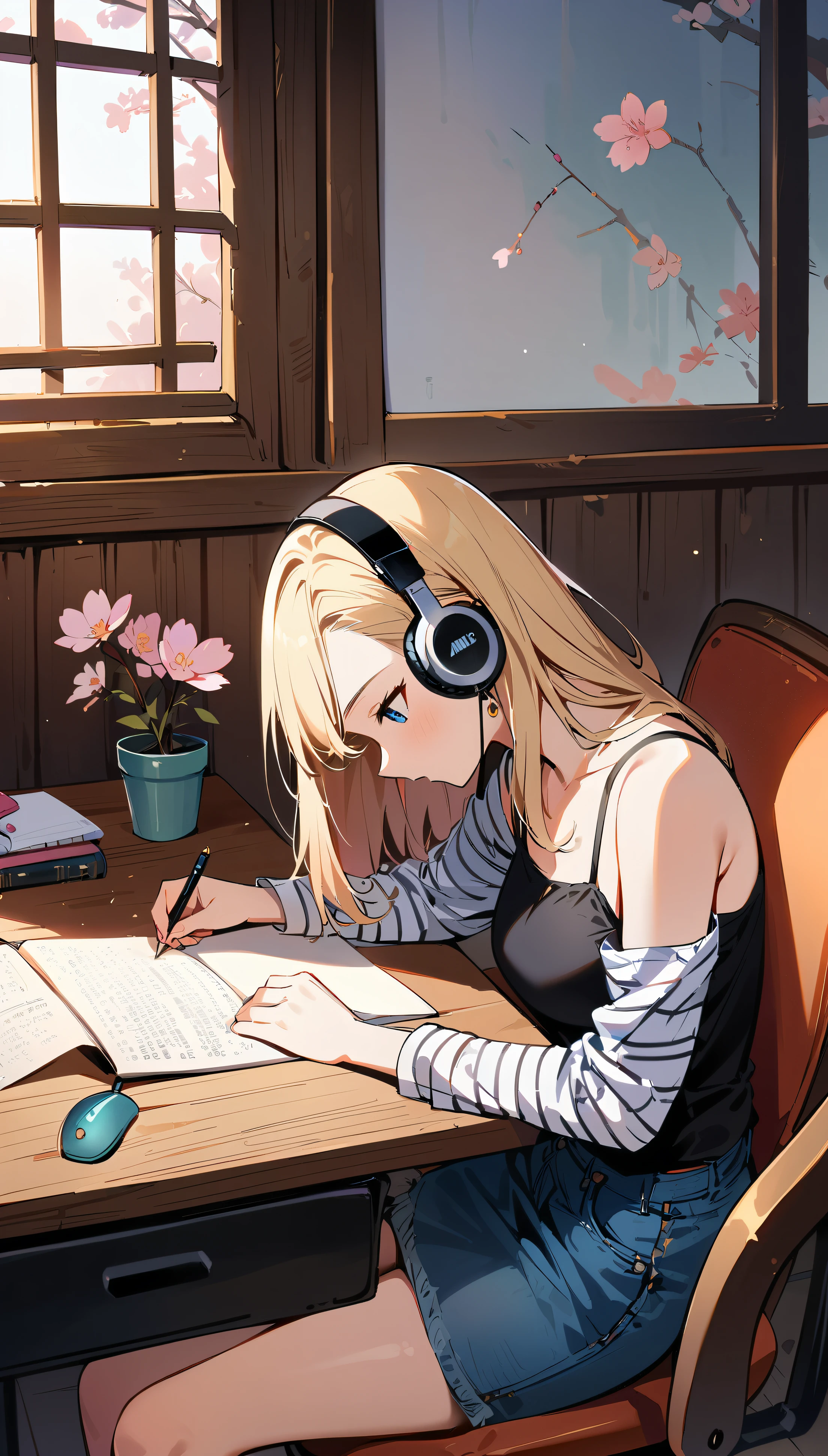 (masterpiece, best quality:1.2), 1girl, solo, Android 18 from Dragon Ball in her chic and pristine log cabin room, slender figure, (wearing white headphones), short blonde hair, blue eyes, earrings, jewelry, denim vest, black pantyhose, black fitted and cropped camisole, denim skirt, striped long sleeves, exposing her shoulders, seated at her stylishly organized desk intently writing in a journal, completely absorbed in documenting her thoughts, desk has a modern desk lamp, potted plant, an additional small potted plant in the foreground, chic log cabin style wooden walls, minimalist yet tasteful room decor with no clutter, large window with cherry blossoms blooming outside, side view, 4K