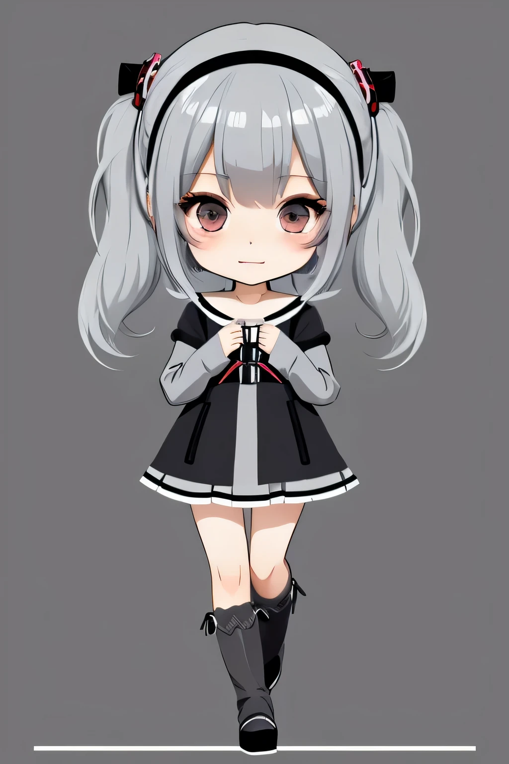 Mini character　Chibi　girl　Anime Style　Gray Hair　Skin Gray　Black clothing