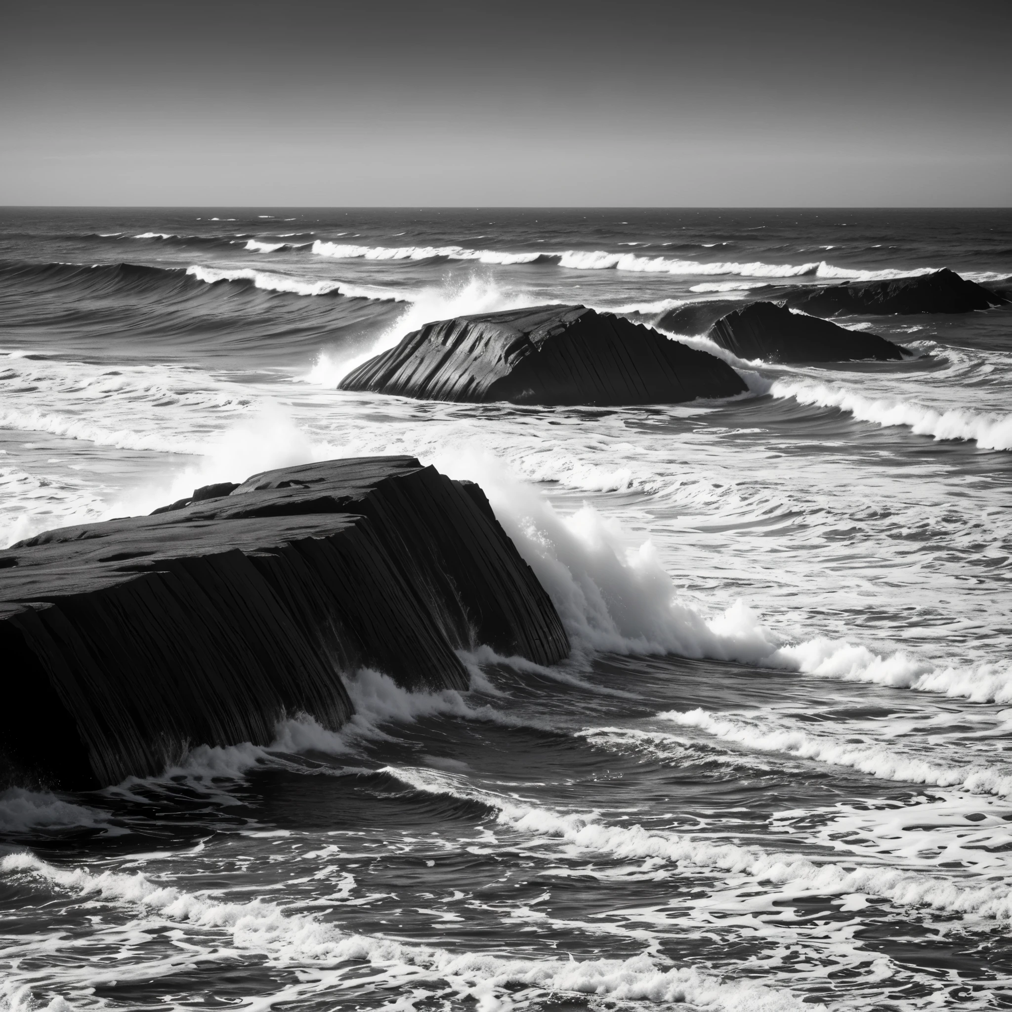Black and White Photography、(High Contrast:1.7)、The Sea of Terror、Summer sea、Rough seas、Coast of strange rocks、(Waves crashing on three reefs at sea:)、
