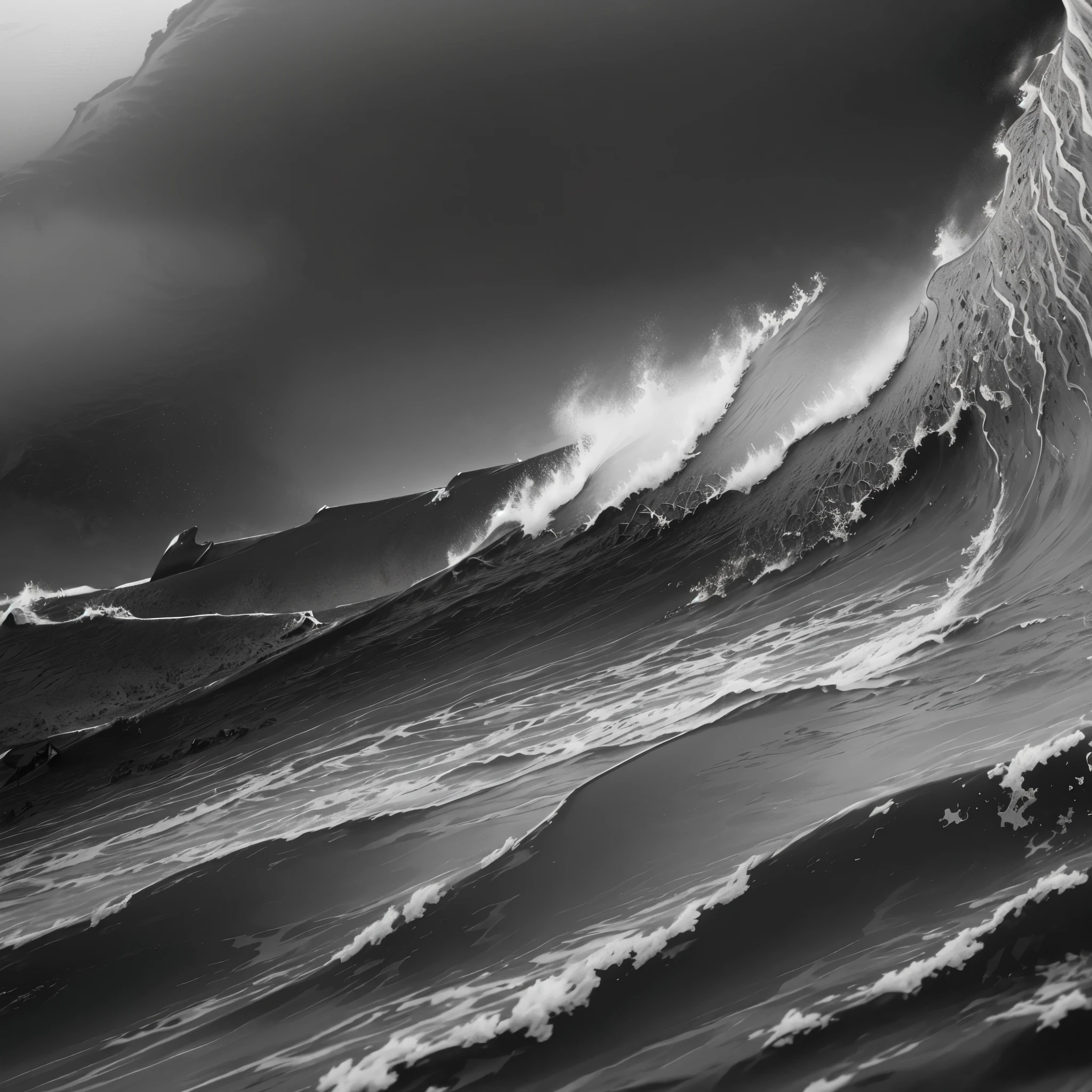 Black and White Photography、(High Contrast:1.7)、The Sea of Terror、Summer sea、Rough seas、(Waves crashing on three reefs at sea:2.５)、
