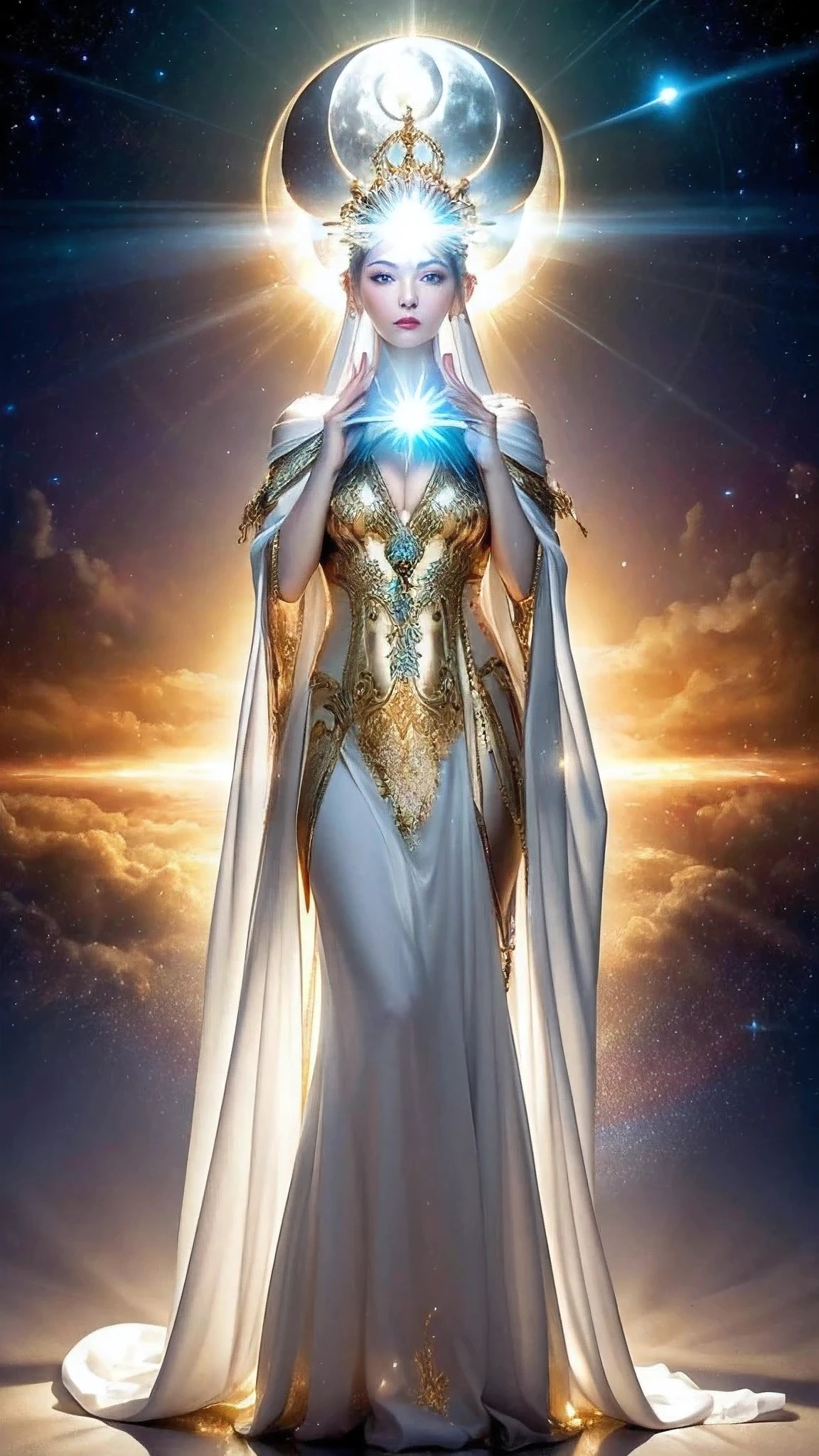 masterpiece, best quality, ultra detailed, realistic, Greek Mythology, fantasy, stunningly beautiful woman, gorgeous intricately detailed dress, full body shot, mythical world, golden ornaments, white cloak, meditation, symmetrical, magic circle, solar eclipse, Nebula, divine halo