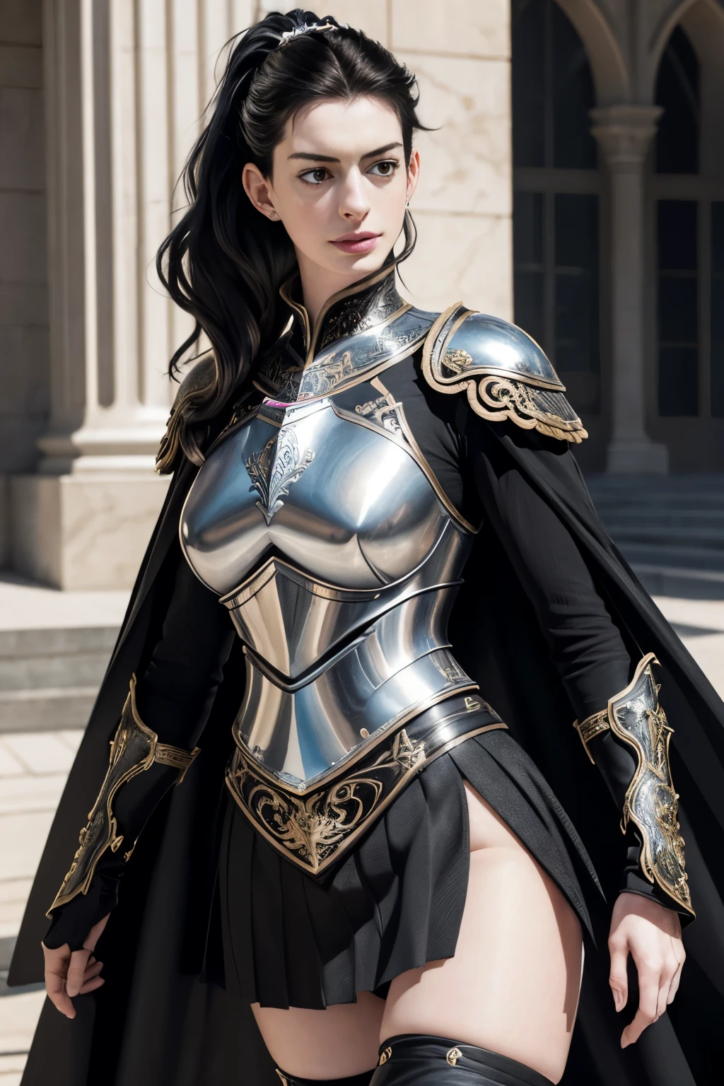 ((Anne Hathaway in ornate black plate armor)), ((dark black white hair)), award winning concept art of tall (1girl) in ornate black plate armor, royal, elegant, ((facing camera)), look at camera, eye contact, high long ponytail, long flowing white hair, model on runway, epic, god rays, centered, (masterpiece:1.2), (best quality:1.2), Amazing, highly detailed, beautiful, finely detail, warm soft color grading, Depth of field, extremely detailed 8k, fine art, stunning, iridescent, shiny, light reflections, crisp, curls, wind, outdoor palace, elegant frontal pose, hyper realism, vibrant, sunlit, edge detection, (black elegant miniskirt ), thigh high boots, knees, long flowing black cape, no panties