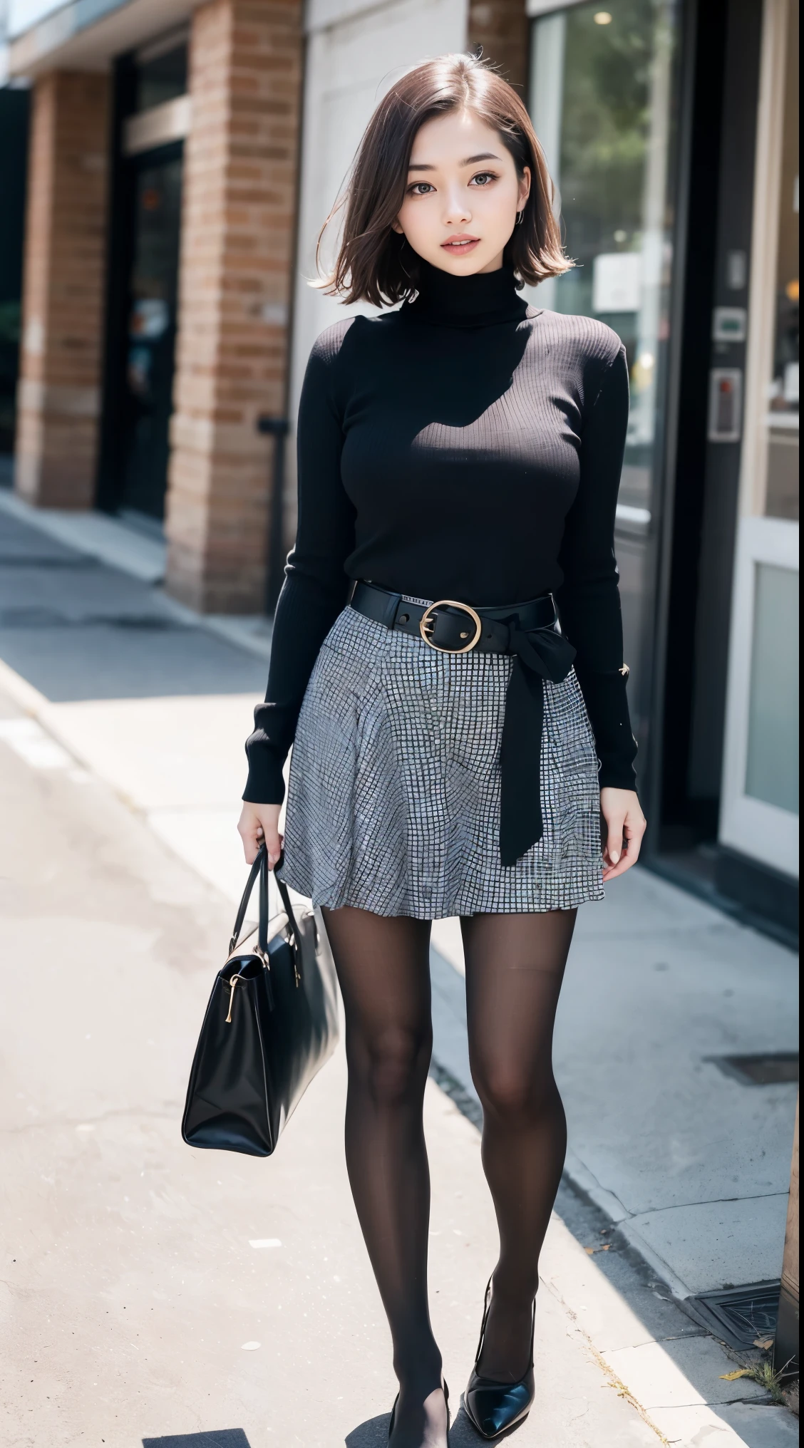 Beautiful girl standing in front of a store in a shopping mall,
(Surreal,High resolution, Very detailed:1.2), (8k), (Beautiful and beautiful eyes, Detailed face:1.2), (highest quality), (Very detailed), (( Mastepiece)),highest quality,Very detailed,
Beautiful woman standing wearing a dark red checked single-breasted blazer ,break, White turtleneck sweater,
High-waisted flared jumper skirt with blue belt, (Ultra-realistic pantyhose), full body shot、
Black Medium Bob, Fine and beautiful eyes, Cute face, bust, Big Boss, Fine and beautiful features, Captivating smile,
Age 25, Mature, Realistic drawing art ,
1 female, (Whole Body Ezbian:1.2),(頭からbustへの画像スコープ),