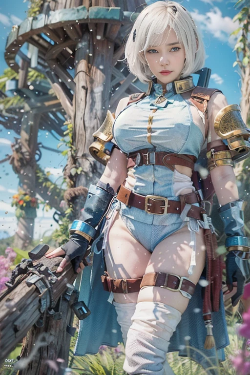 1girl, navel, solo, breasts, realistic, gloves, white_hair, looking_at_viewer, thigh_strap, science_fiction, short_hair, lips, midriff, medium_breasts, standing, blue_eyes, armor, cable, weapon, cowboy_shot, blue_sky, sky, machinery, collar