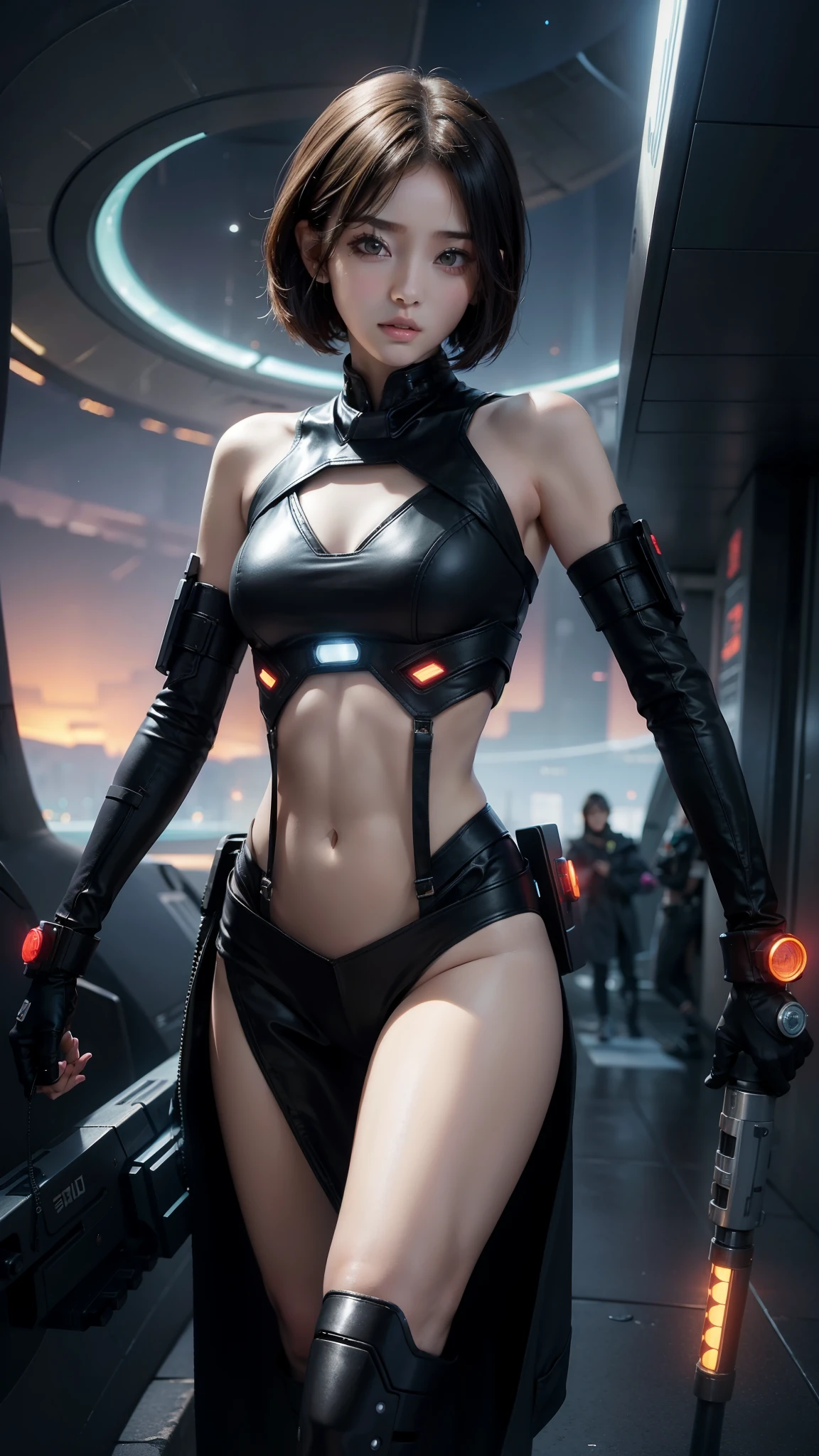 Gal Gadot as the captain of a spaceship, looking into space through a glass window, (inspired by Mass Effect), an armor, arms up, armpits, (8k, foto RAW, fotorrealista: 1, 25), (muito brilho labial, muitos cílios, melhor qualidade, ultra alta resolução, Profundidade de Campo, Aberração Cromática, Luz Ampla, Cor Natural, distant images (1:2)