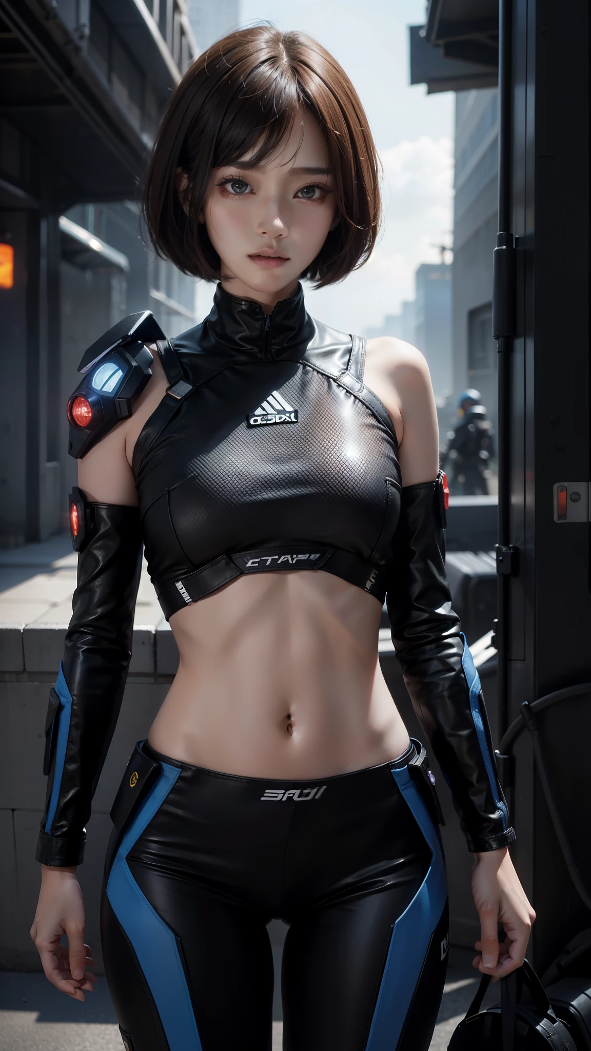 Woman body defined thick thighs cybernetic body parts, short underwear,upper body,ultra high res, (photorealistic:1.4), raw photo,16K,dramatic lighting,