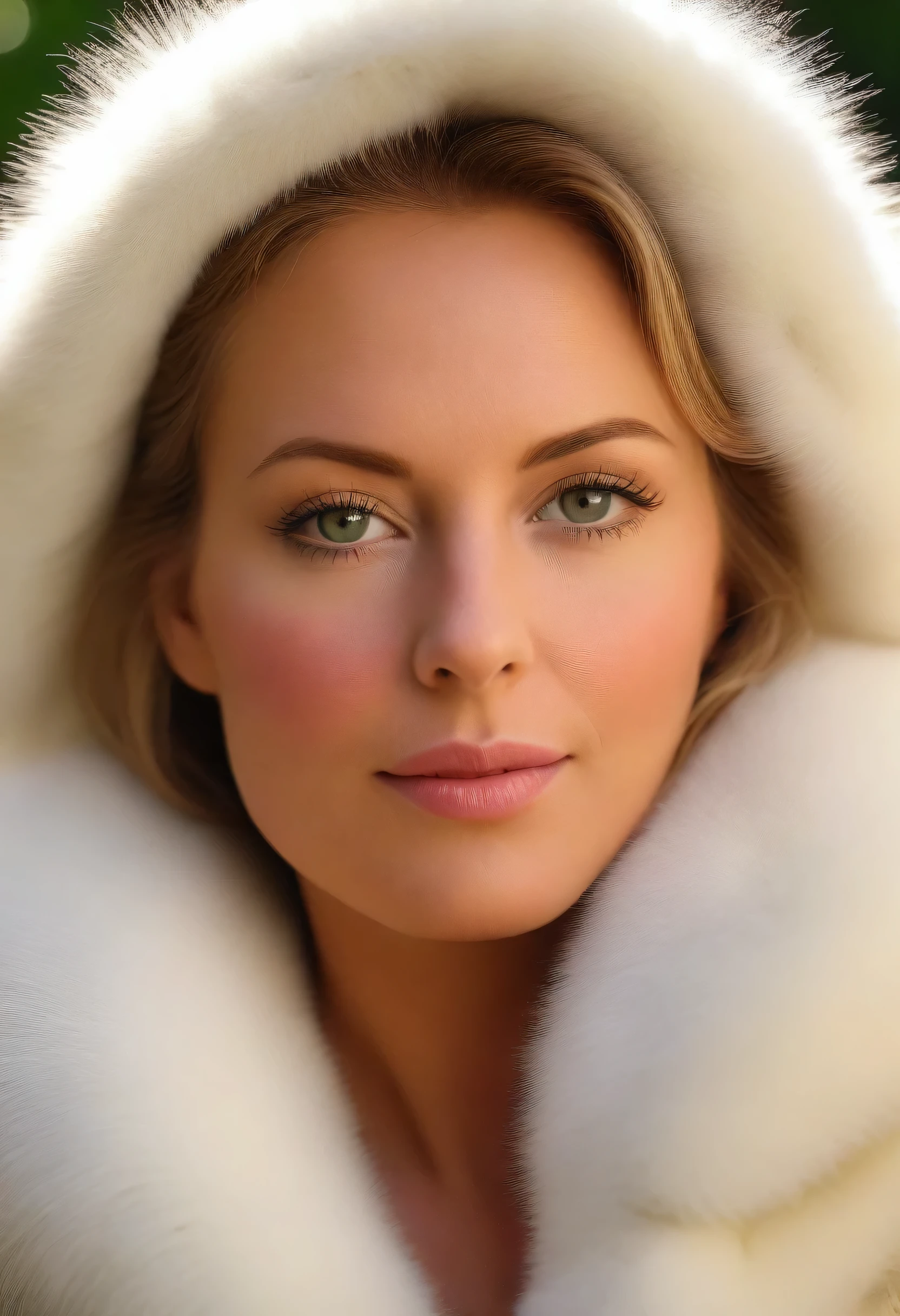 A very wide and very thick, manteau de fourrure extra long, en vison blanc, fifty centimeters thick, duveteux, naturel, with an ultra thick white mink fur collar, three layers, fully nude profile view, elle pose les mains sur les seins, bare shoulders, and two large breast discovered by the fur, at sunny chef-d&#39;artwork:1.2), Ultra-detailed, (Realistic, photo-Realistic:1.37), Portrait, MILF 35 ans, joufflu, "Ingrid Mueller", , natural lighting, ombres douces, palette de couleurs vertes, relaxed expression, cheveux blonds courts et lisses , frange,, doux sourire, atmosphère paisible, feuilles de printemps,  corps naturel, pose naturelle, , humeur sereine, fond harmonieux, High resolution, Detailed eyes, joues roses, happy  photoRealistic, ,  best quality, 4k, 8K, haute résolution vue du corps trois quart