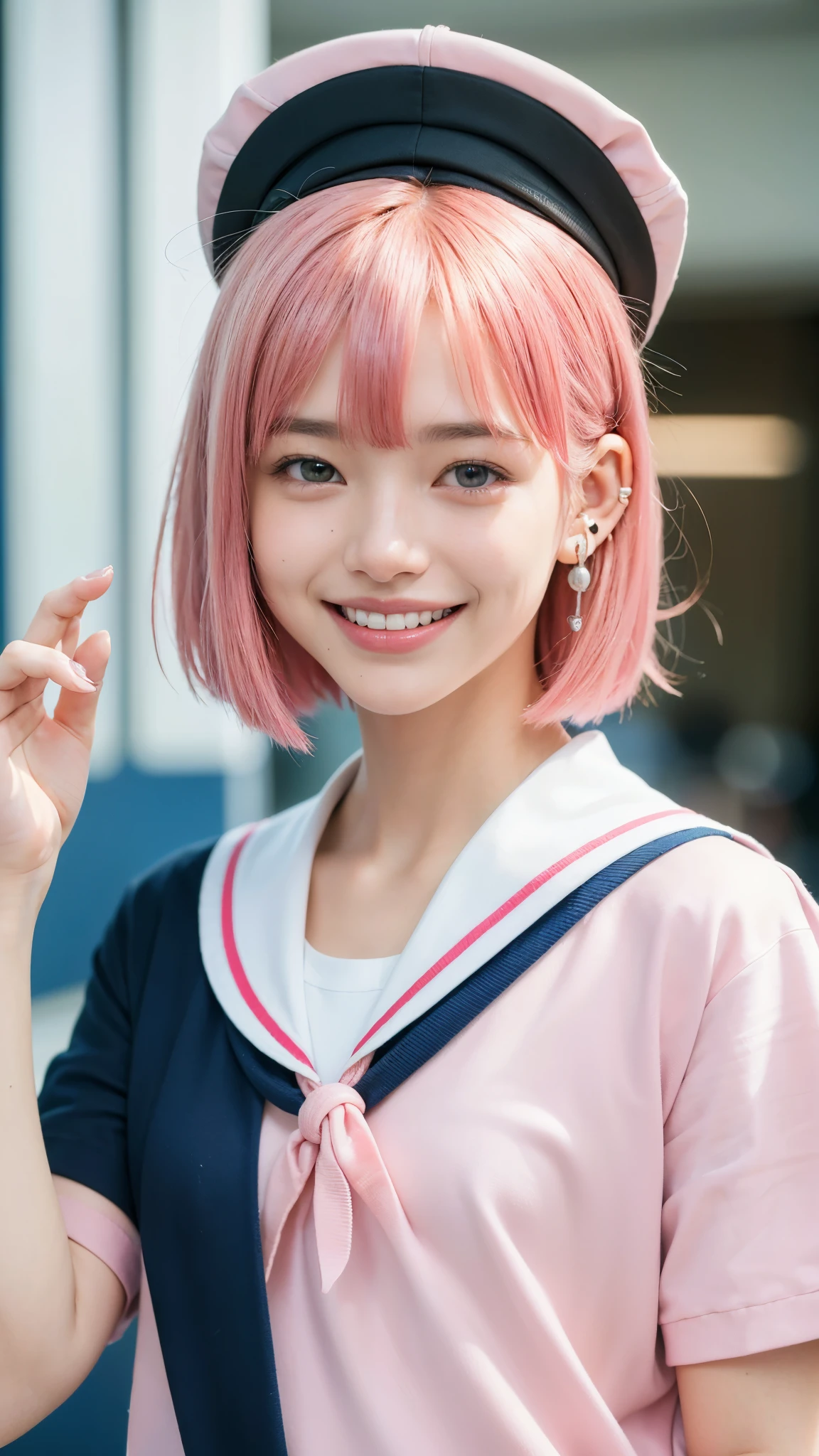 highest quality, masterpiece, Ultra-high resolution, (Realistic:1.4), (Close-up portrait) RAW Photos, 1 girl,20-year-old,((Inside the Shinkansen)),((Wireless Earphones)),((Nose Piercing)),,((Passion pink hair)),((High school sailor uniform fashion)),Messy Hair,((cap)),((Bangs short hair)),Realistic,picture media chest)),((Smiling with teeth showing)),((Big smile))