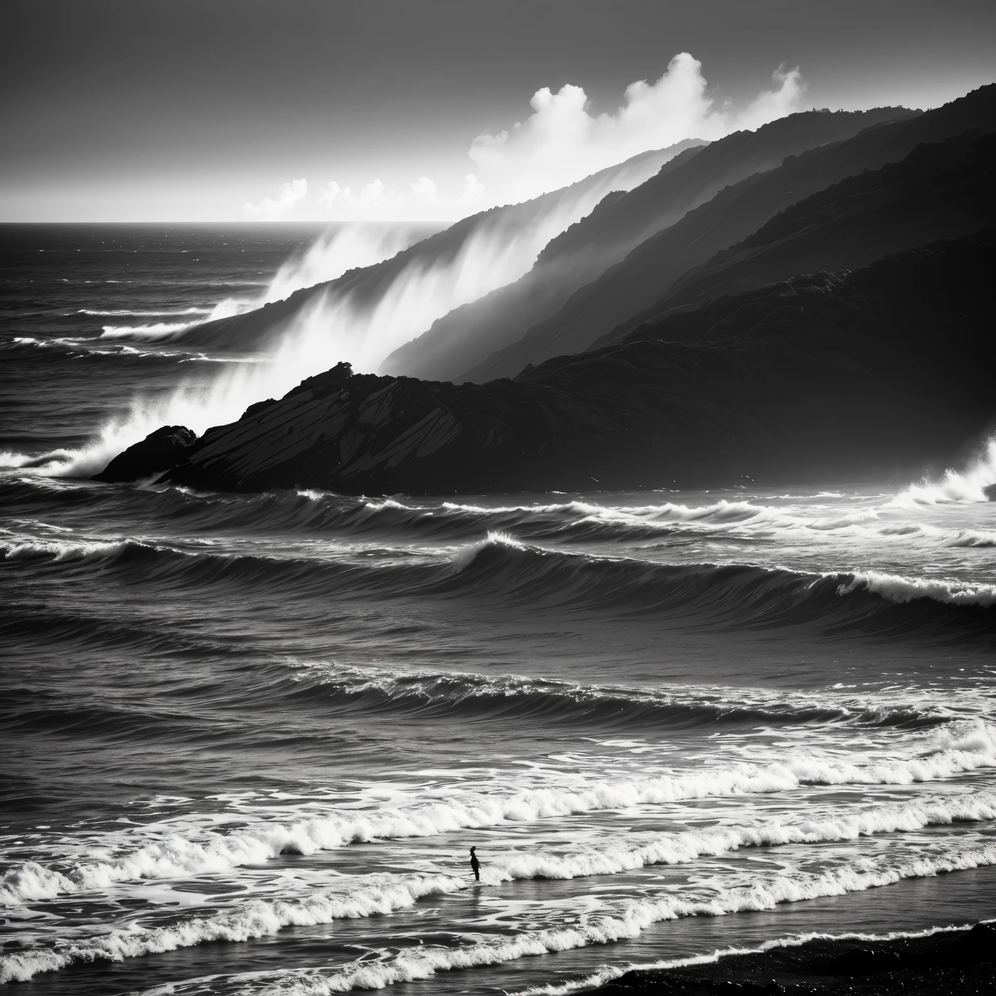 Black and White Photography、(High Contrast:1.7)、The Sea of Terror、Summer sea、Rough seas、Waves crashing on three rocks、
