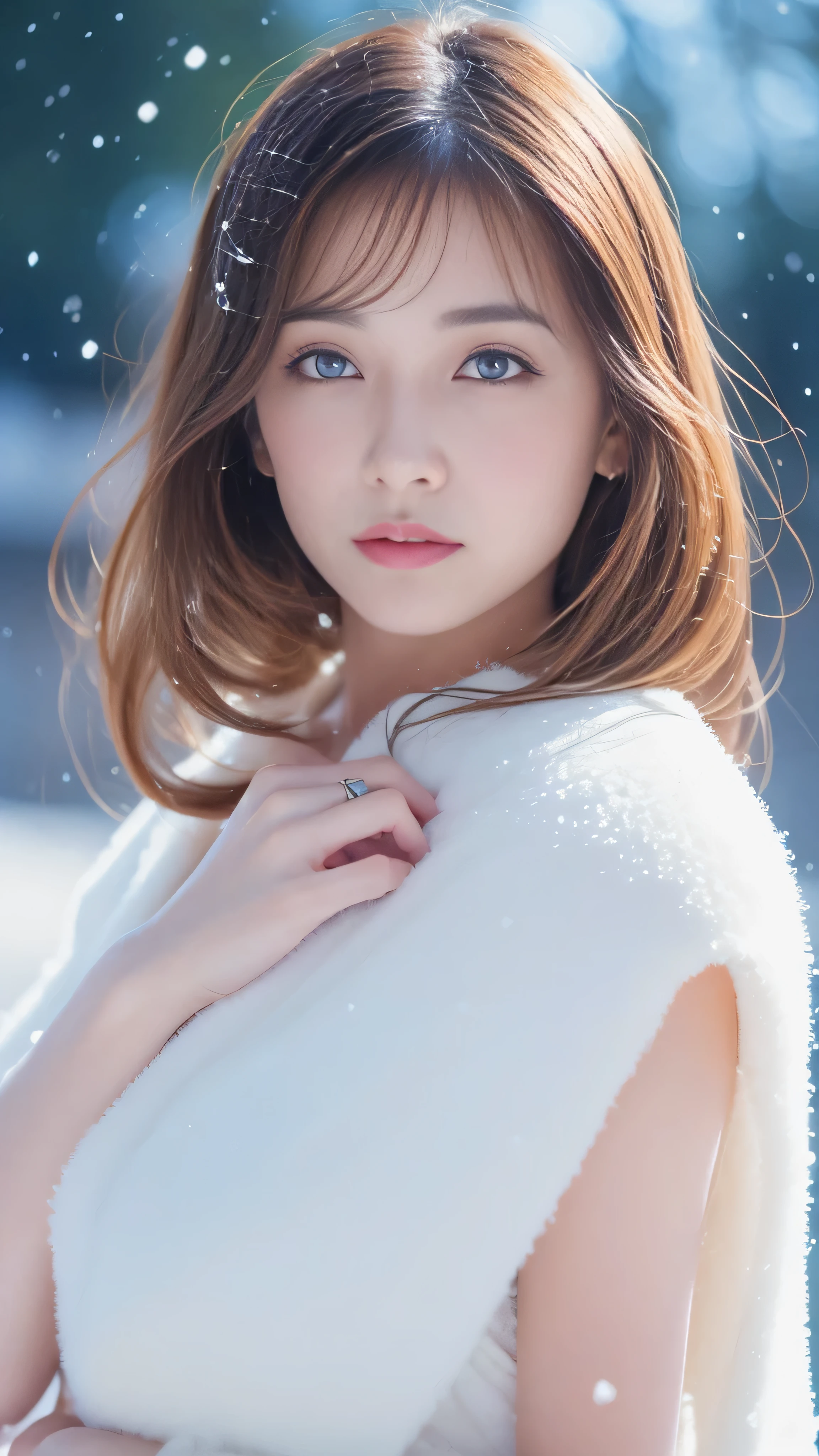 (highest quality, 8k, 32K,details are very clear),Realistic, High resolution, 1 Japanese Women, alone, (Lolita Costume),Gorgeous costumes,Facing the audience,(Upper Body,Upper limbs), Beautiful Eyes, brown hair, Ring-shaped eyes, (outside,Heavy snowfall,thick fur cape,Cover with snow),Snowfield,blue eyes,highest qualityのイラスト,Detailed facial features