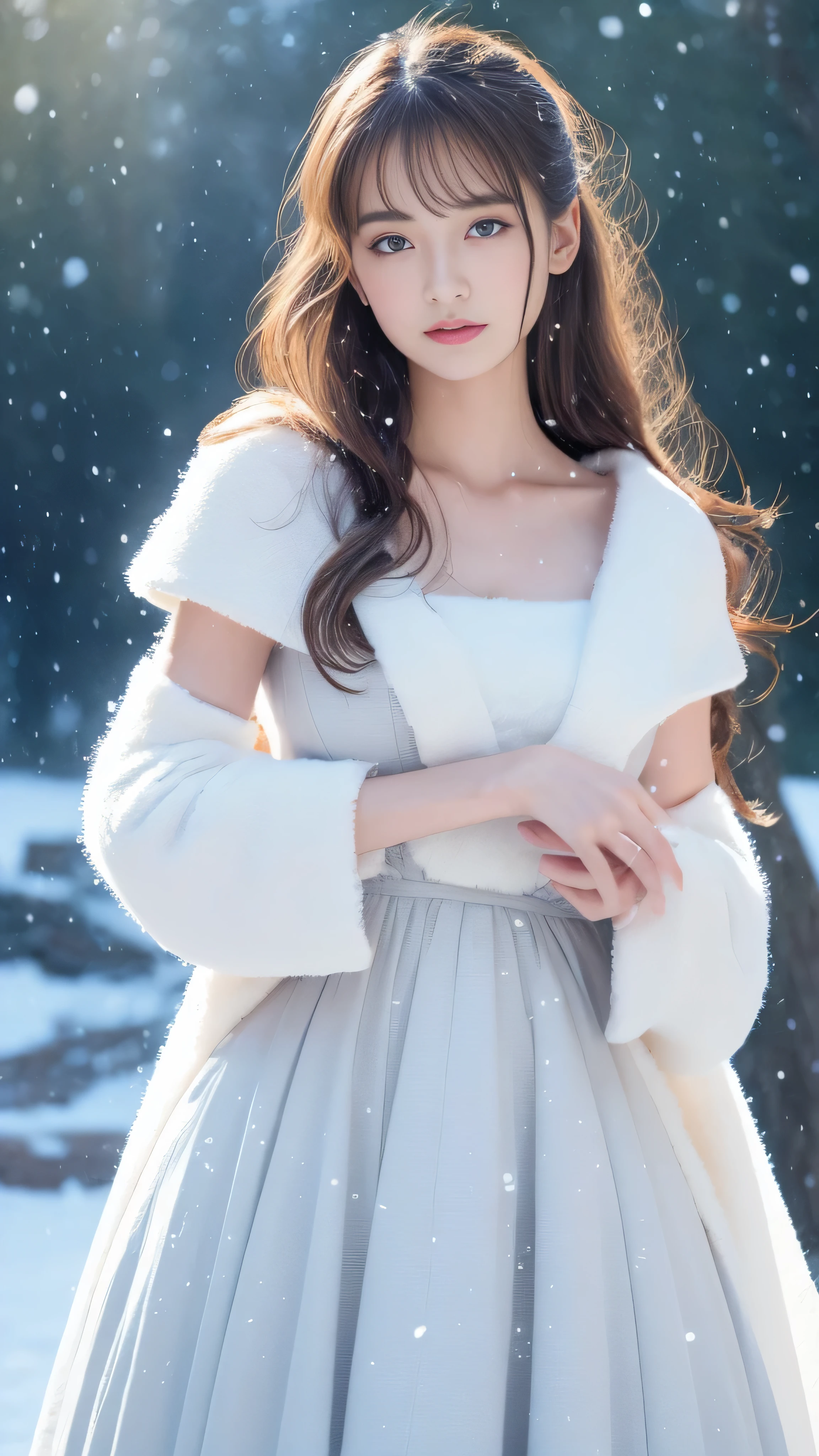 (highest quality, 8k, 32K,details are very clear),Realistic, High resolution, 1 Japanese Women, alone, (Lolita Costume),Gorgeous costumes,Facing the audience,(Upper Body,Upper limbs), Beautiful Eyes, brown hair, Ring-shaped eyes, (outside,Heavy snowfall,thick fur cape,Cover with snow),Snowfield,blue eyes,highest qualityのイラスト,Detailed facial features