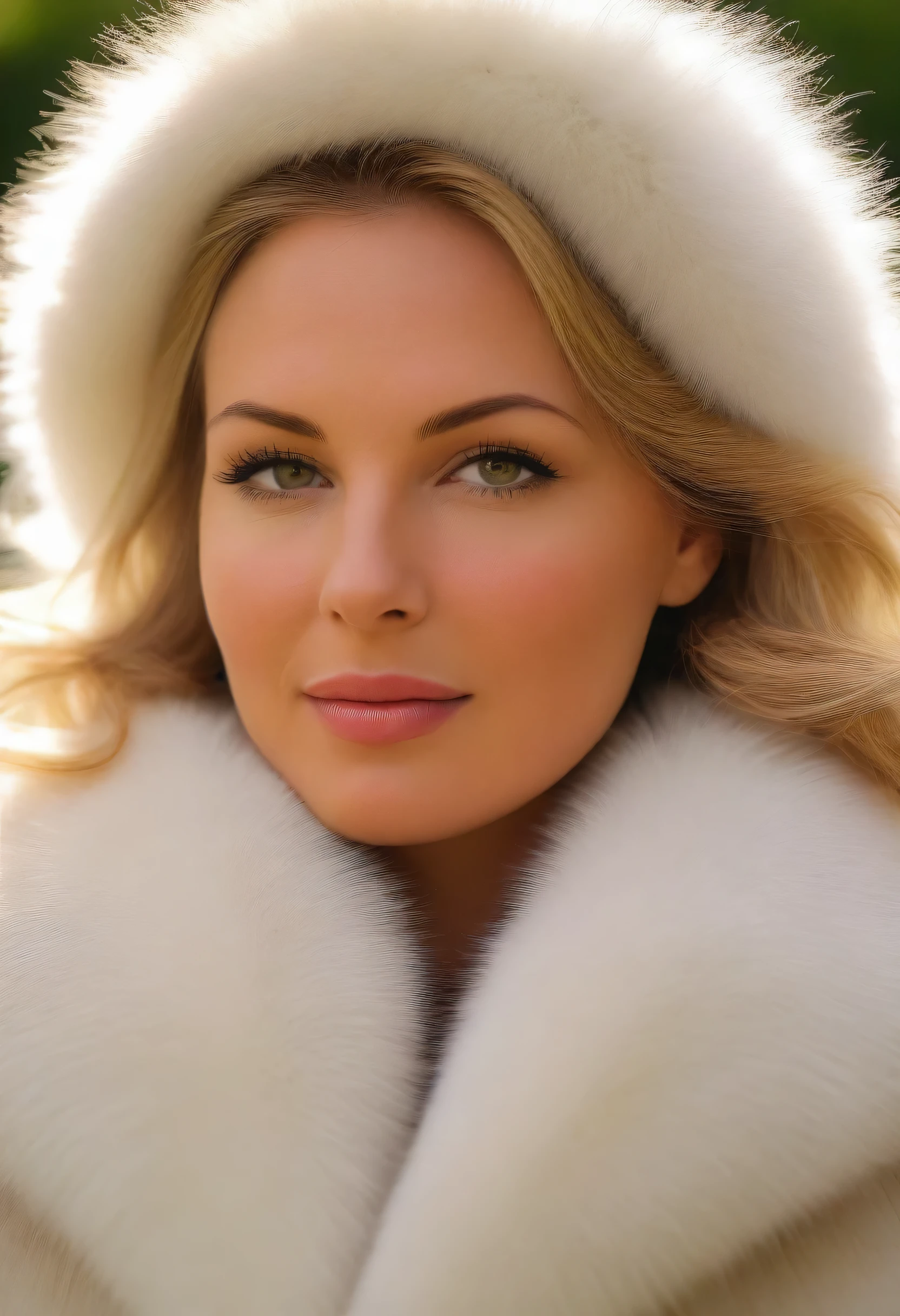 A very wide and very thick, manteau de fourrure extra long, en vison blanc, fifty centimeters thick, duveteux, naturel, with an ultra thick white mink fur collar, three layers, fully nude profile view, elle pose les mains sur les seins, bare shoulders, and two large breast discovered by the fur, at sunny chef-d'artwork:1.2), Ultra-detailed, (Realistic, photo-Realistic:1.37), Portrait, MILF 35 ans, joufflu, "Ingrid Mueller", , natural lighting, ombres douces, palette de couleurs vertes, relaxed expression, cheveux blonds courts et lisses , frange,, doux sourire, atmosphère paisible, feuilles de printemps, corps naturel, pose naturelle, , humeur sereine, fond harmonieux, High resolution, Detailed eyes, joues roses, happy photoRealistic, , best quality, 4k, 8K, haute résolution vue du corps trois quart
