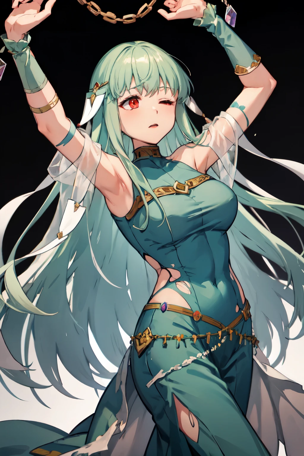 ((highest quality)), ((masterpiece)), (detailed), Perfect Face　 darkness、Ninian is chained to the wall and restrained.、Both hands are raised high above the head,青く腰まで届くLong Hair, Red Eyes, Big, well-shaped breasts, Long Hair, Moist,Blue long dress, Exposing shoulders, Smaller Jewelry, A torn and ripped dress,dress with slit,A dark grey, murky temple,Wistfully, Anguished expression, Both eyes closed、Being attacked by spirits floating around,Ninian gasped.、The whole body becomes arched、Chin arching