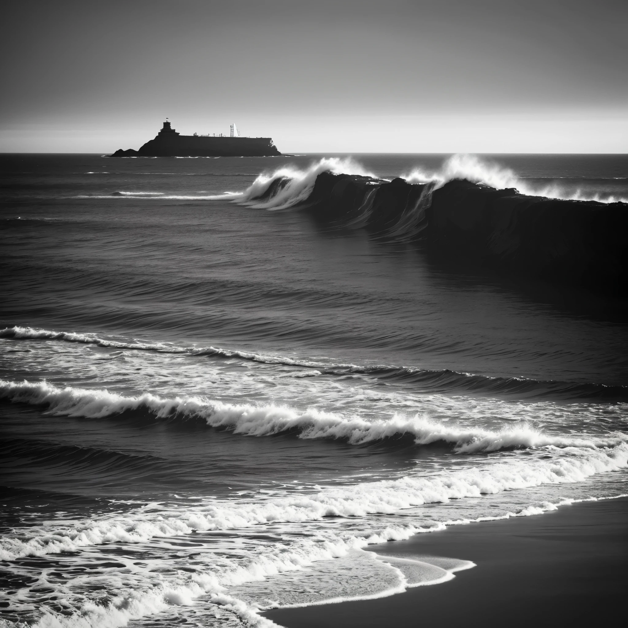 Black and White Photography、(High Contrast:1.7)、The Sea of Terror、Summer sea、Rough seas、Waves crashing on rocks、
