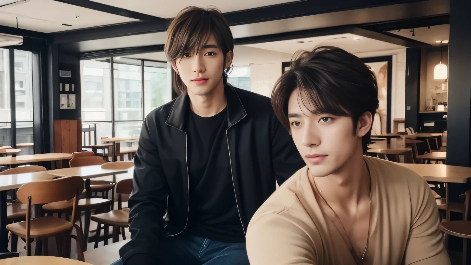 musician、A refreshing, handsome man in his 30s、（Super cool S-class boys）、Japanese male, 30 years old、、Inside a stylish cafeで撮影、a handsome guy、（CG Unity 8K high resolution photo）、（Very detailedＳクラスのa handsome guy性）、（Photorealistic）、（highest quality））、Very detailed、super high quality、expensive、Audience、kind person、Very beautiful hair　Perm Hair、Bright photo、Handsome like a model、Handsome like an idol、looking at the camera、Inside a stylish cafe、Stubble、Slim and muscular