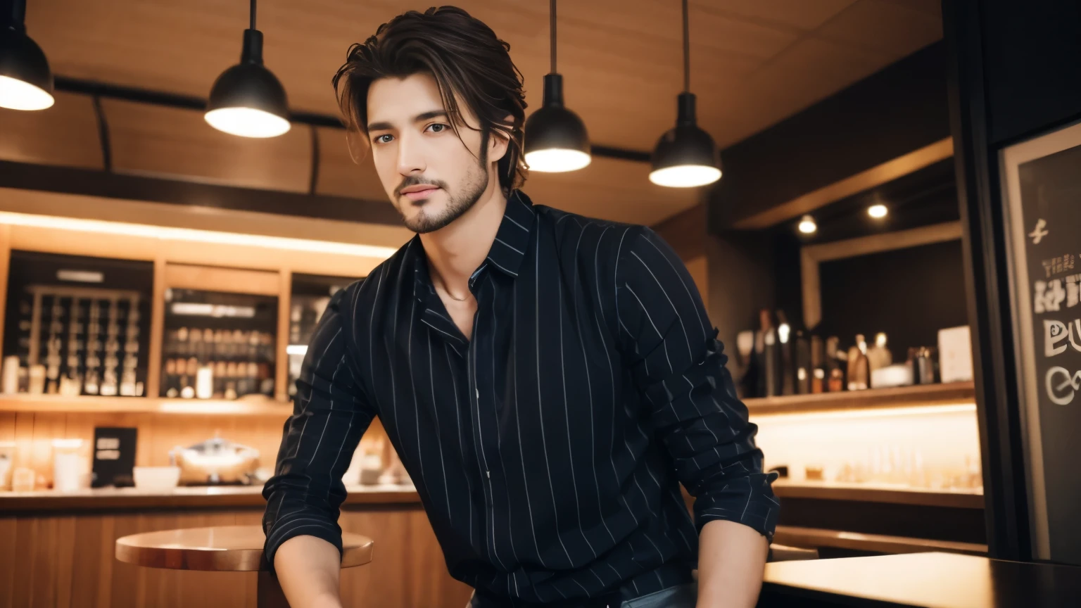 musician、A refreshing, handsome man in his 30s、(Super cool S-class boys)、Japanese male, 30 years old、、Inside a stylish cafeで撮影、a handsome guy、(CG Unity 8K high resolution photo)、(Very detailedSクラスのa handsome guy性)、(Photorealistic)、(highest quality))、Very detailed、super high quality、expensive、Audience、kind person、Very beautiful hair Perm Hair、Bright photo、Handsome like a model、Handsome like an idol、looking at the camera、Inside a stylish cafe、Stubble、Slim and muscular