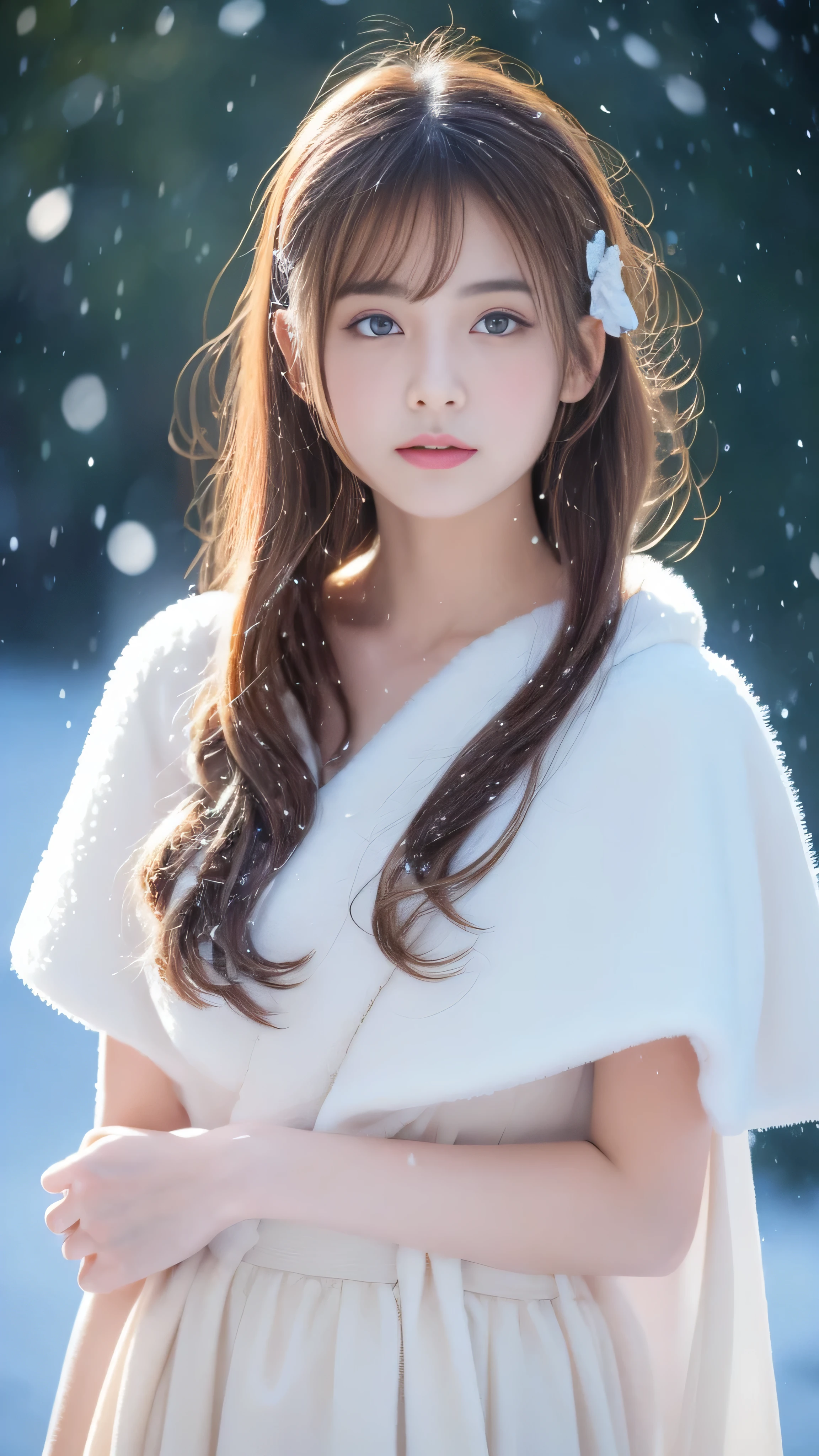 (highest quality, 8k, 32K,details are very clear),Realistic, High resolution, 1 Japanese Women, alone, (Lolita Costume),Gorgeous costumes,Facing the audience,(Upper Body,Upper limbs), Beautiful Eyes, brown hair, Ring-shaped eyes, (outside,Heavy snowfall,thick fur cape,Cover with snow),Snowfield,blue eyes,highest qualityのイラスト,Detailed facial features