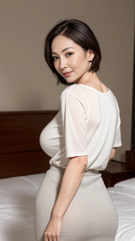 highest quality, In 8K, Tabletop, masterpiece, Photorealistic, RAW Photos, One beautiful woman, 36 years old, ((Looking at the audience)), Detailed face, Seductive sexy look, Thick lips, Beautiful Hair, short hair, Bob Hair, Shapely bust, Cleavage, ((White loose see-through camisole)), sit in bed with good posture, Sit facing forward, Hotel Bedroom, Place your arms between your legs