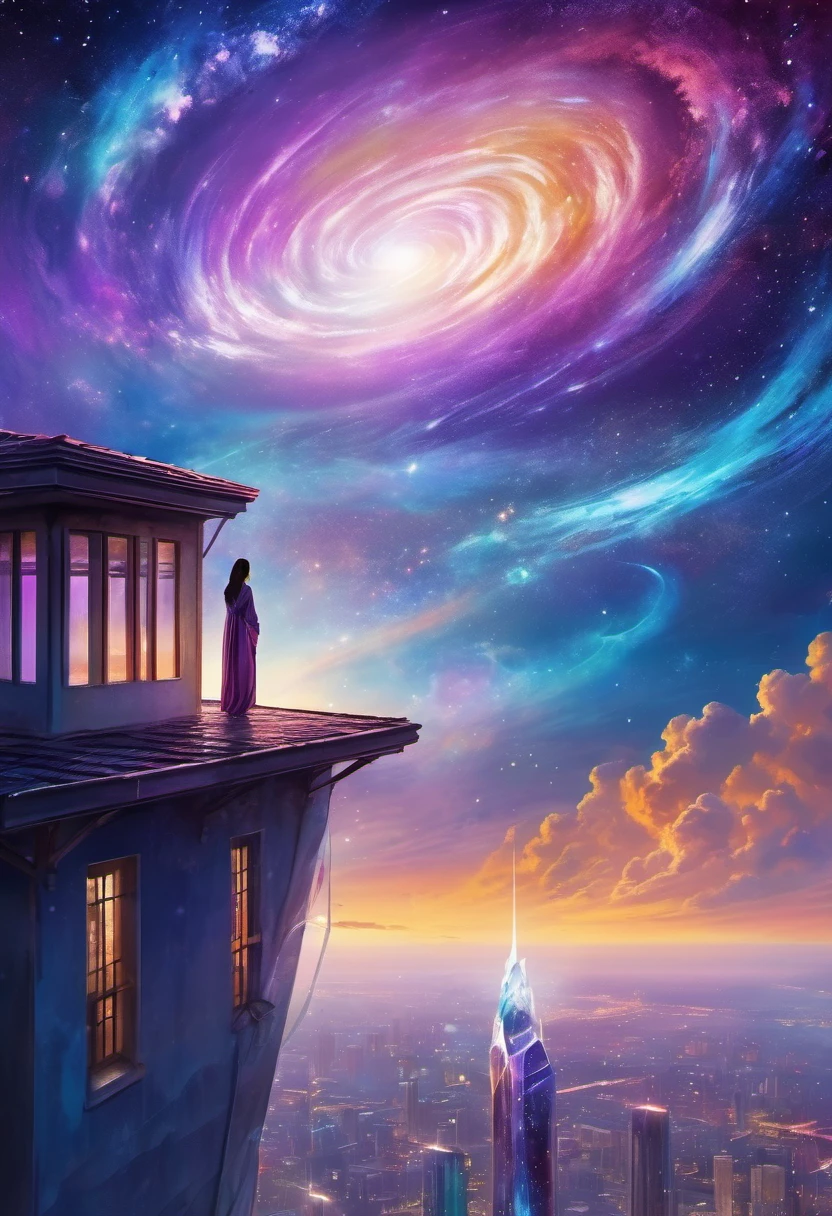 Female figure standing on the roof of a high-rise building, (Roof Focus), Surrounded by a vortex of cosmic energy, dreaming, Hazy landscape, The flowing starlight wraps around the human figure, A flowing robe that blends in with the galaxy, The sky is a tapestry of deep purples and blues, The stars shine, The scenery below is a series of rolling high-rise buildings, The scene was quiet and solemn, A way to capture the majestic essence of the universe, Contemplative figure standing in awe, Ultra HD, masterpiece, precise, anatomically correct, best quality, 8k