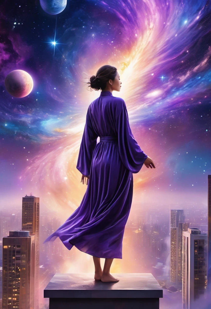 Female figure standing on the roof of a high-rise building, (Roof Focus), Surrounded by a vortex of cosmic energy, dreaming, Hazy landscape, The flowing starlight wraps around the human figure, A flowing robe that blends in with the galaxy, The sky is a tapestry of deep purples and blues, The stars shine, The scenery below is a series of rolling high-rise buildings, The scene was quiet and solemn, A way to capture the majestic essence of the universe, Contemplative figure standing in awe, Ultra HD, masterpiece, precise, anatomically correct, best quality, 8k