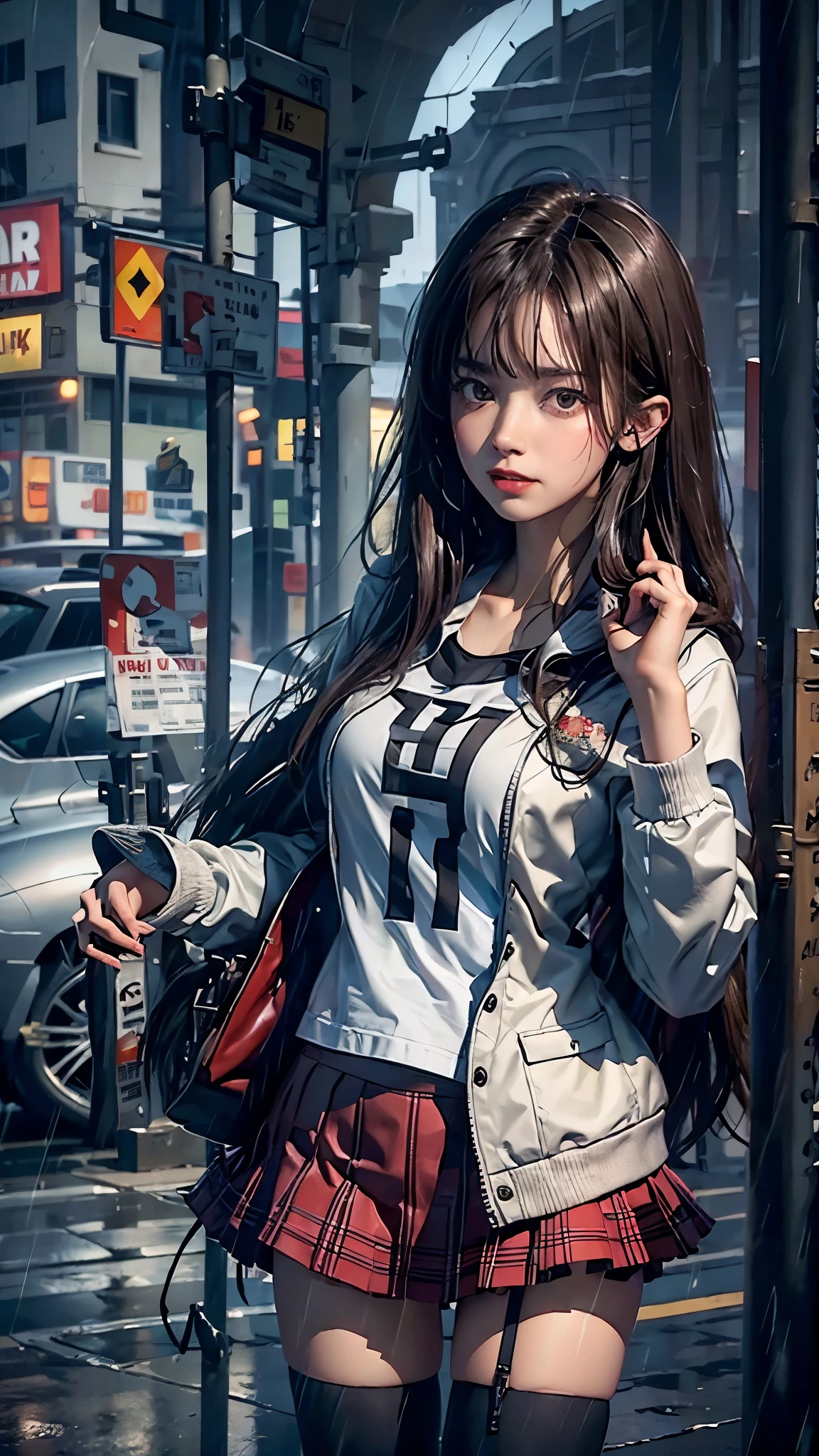 ((8k,masterpiece,best quality,Super detailed,Realistically)),extremely detailed face,Ray Tracing, Corner store,bus stop,Girl with dark hair and dark eyes,perfect thighs,(Red Fur Trim Hooded Jacket,White top,student shoes,red skirt,Black garters,clothes soaked by rain,Black exposure,outdoor depth tent ),