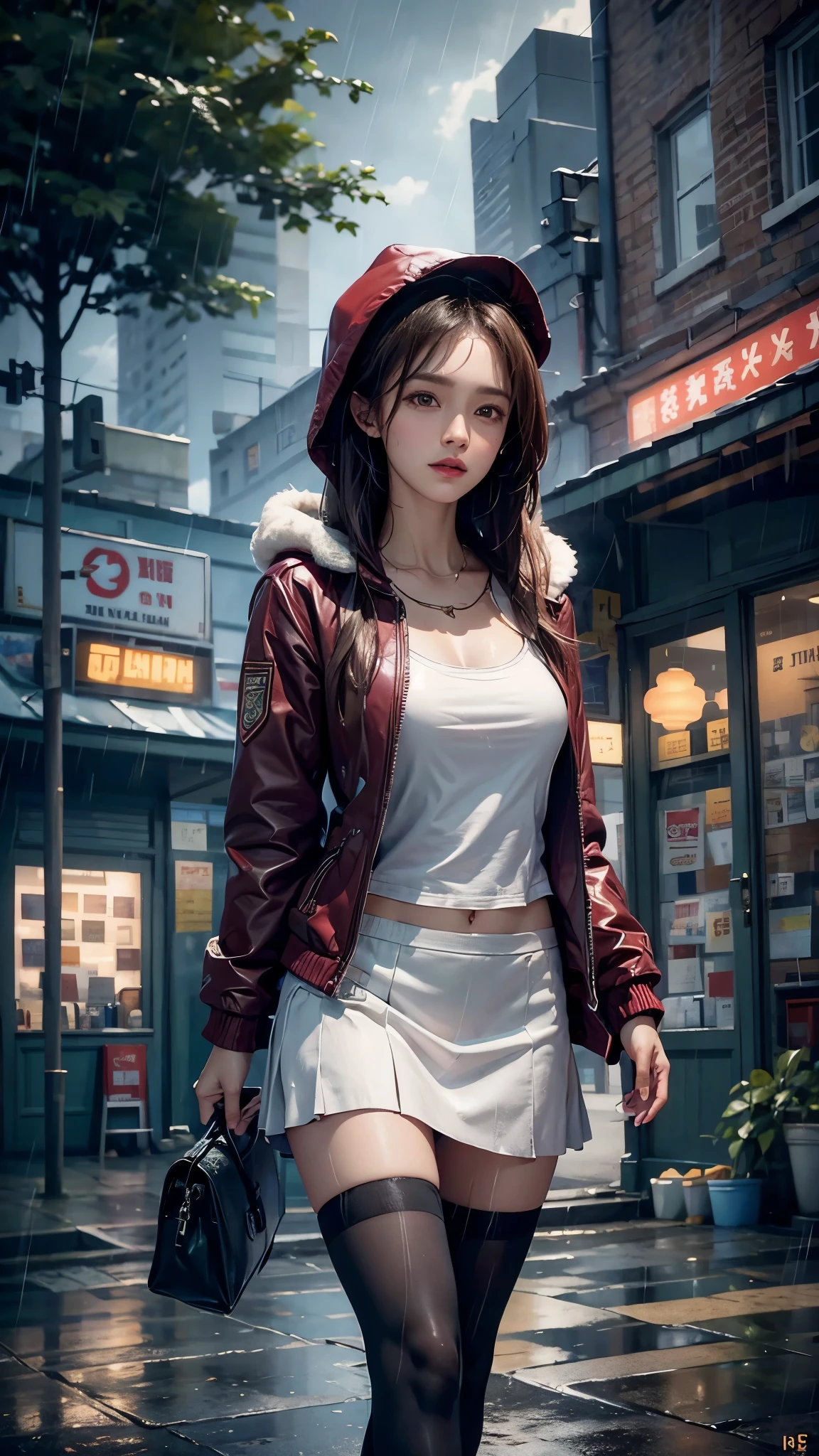 ((8k,masterpiece,best quality,Super detailed,Realistically)),extremely detailed face,Ray Tracing, Corner store,bus stop,Girl with dark hair and dark eyes,perfect thighs,(Red Fur Trim Hooded Jacket,White top,student shoes,red skirt,Black garters,clothes soaked by rain,Black exposure,outdoor depth tent ),