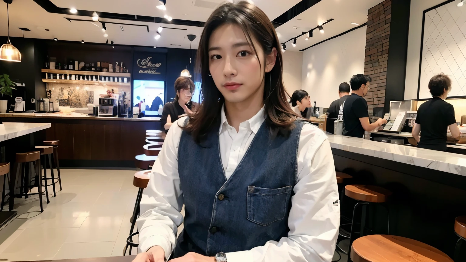 (最high quality、8k、32k、masterpiece:1.2)、、Looking at the audience、background a trendy coffee shop with a unique aesthetic and atmosphere. Incorporate elements like modern furniture, Artistic decoration, and ambient lighting to enhance the ambiance,The staff are busy working at the counter.、Feel the vibrancy and warmth of an urban café., Sharp focus,Very detailed, high quality, A refreshing, handsome man in his 30s、Japanese male, 30 years old、（Super cool S-class boys）、a handsome guy、（Very detailedＳクラスのa handsome guy性）、kind person、Very beautiful hair　Perm Hair、Handsome like a model、Handsome like an idol、Blur background、Portrait Photography