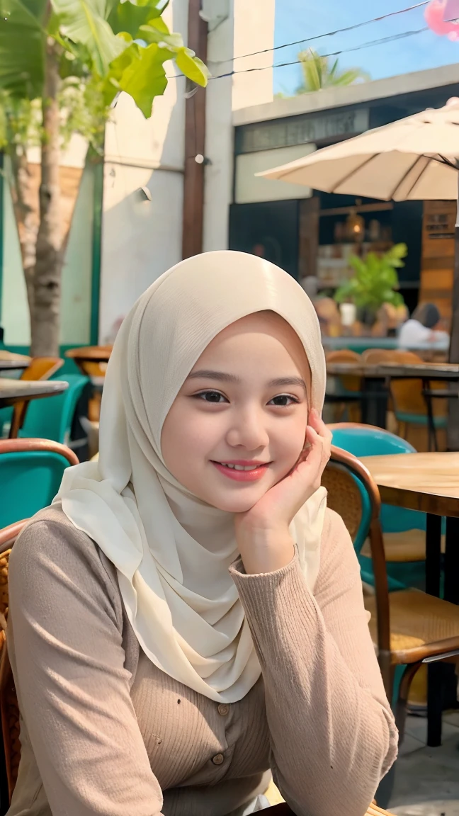 Selfie taken, See full body, luxury details, 8k, natural, realistic, amazing shots, ULTRA HD,
1 girl, 18 years old, smooth white face, white skin, smailing,  neat white teeth, big breasts, wearing a long white hijab covering the body, with decorations on the hijab, Muslim clothes for worship, beautiful face, beautiful black face, cute, curly eyelashes, beautiful eyes , sweet smile, sitting on the cafe chairs, Indonesian Muslim, realistic, atmosphere in the out door, in the cafe,