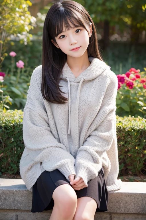 8k,Japanese,,innocent face,teenage girl,cute,Winter clothes,everyday wear,sitting,black hair,flower garden,hair clip,