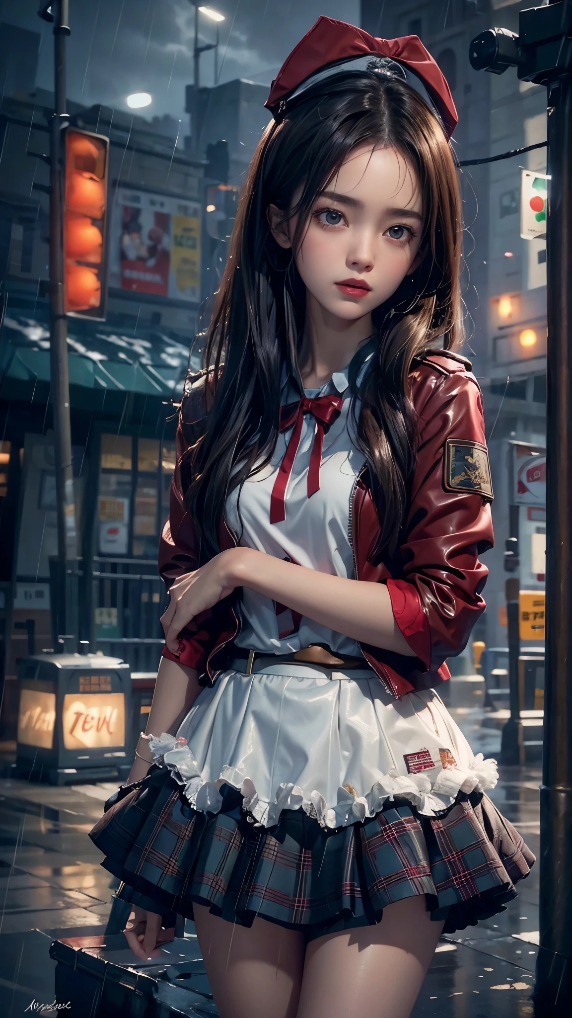 ((8k,masterpiece,best quality,Super detailed,Realistically)),extremely detailed face,Movie Lighting,Ray Tracing,Unlit Hair, Corner store,bus stop,rainstorm、Girl with dark hair and dark eyes,perfect thighs,(Red Fur Trim Hooded Jacket,White top,Red skirt and black garters,clothes soaked by rain,Black exposure,outdoor depth tent ),