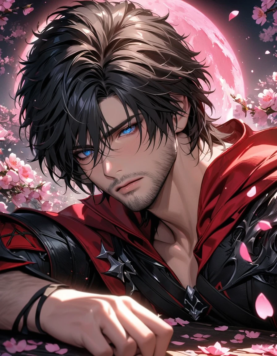 absurdres, highres, ultra detailed, HDR, master piece, best quality, Clive Rosfield, black hair, expressive blue eyes, Final Fantasy XVI, sexy man, solo, handsome, black and red clothes, pink petals, pink moon, pink flowers, pink butterflies, blossoms