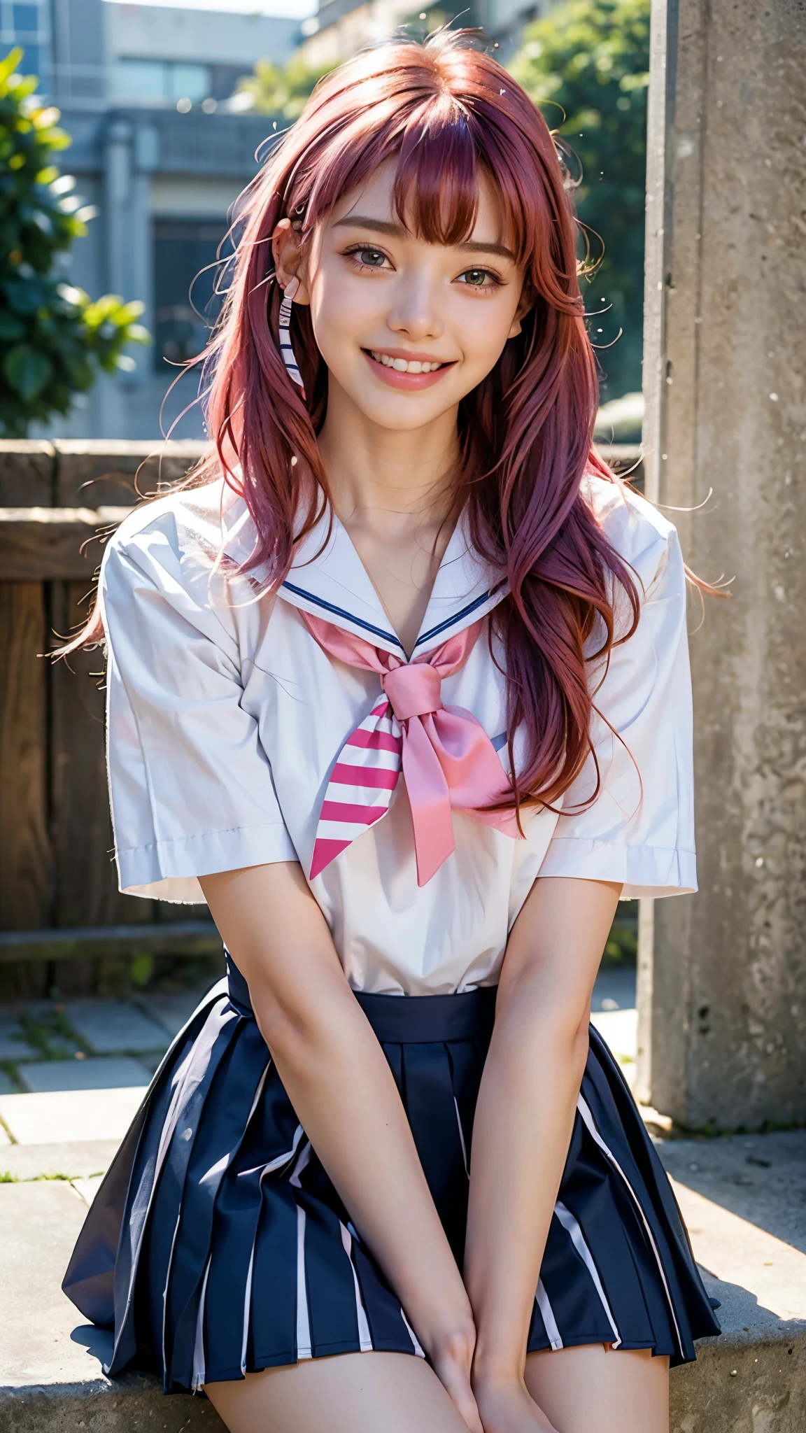 highest quality, masterpiece, Ultra-high resolution, (Realistic:1.4), (Close-up portrait) RAW Photos, 1 girl,20-year-old,((Wireless Earphones)),((Nose Piercing)),,((Passion pink hair)),((Navy blue with white stripes high school sailor uniform fashion)),Messy Hair,((Bangs short hair)),Realistic,picture media chest)),((Smiling with teeth showing)),((Big smile))