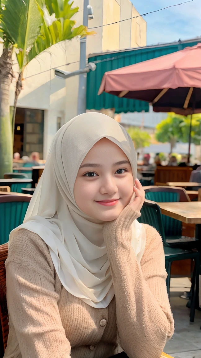 Selfie taken, See full body, luxury details, 8k, natural, realistic, amazing shots, ULTRA HD,
1 girl, 18 years old, smooth white face, white skin, smailing,  neat white teeth, big breasts, wearing a long white hijab covering the body, with decorations on the hijab, Muslim clothes for worship, beautiful face, beautiful black face, cute, curly eyelashes, beautiful eyes , sweet smile, sitting on the cafe chairs, Indonesian Muslim, realistic, atmosphere in the out door, in the cafe,