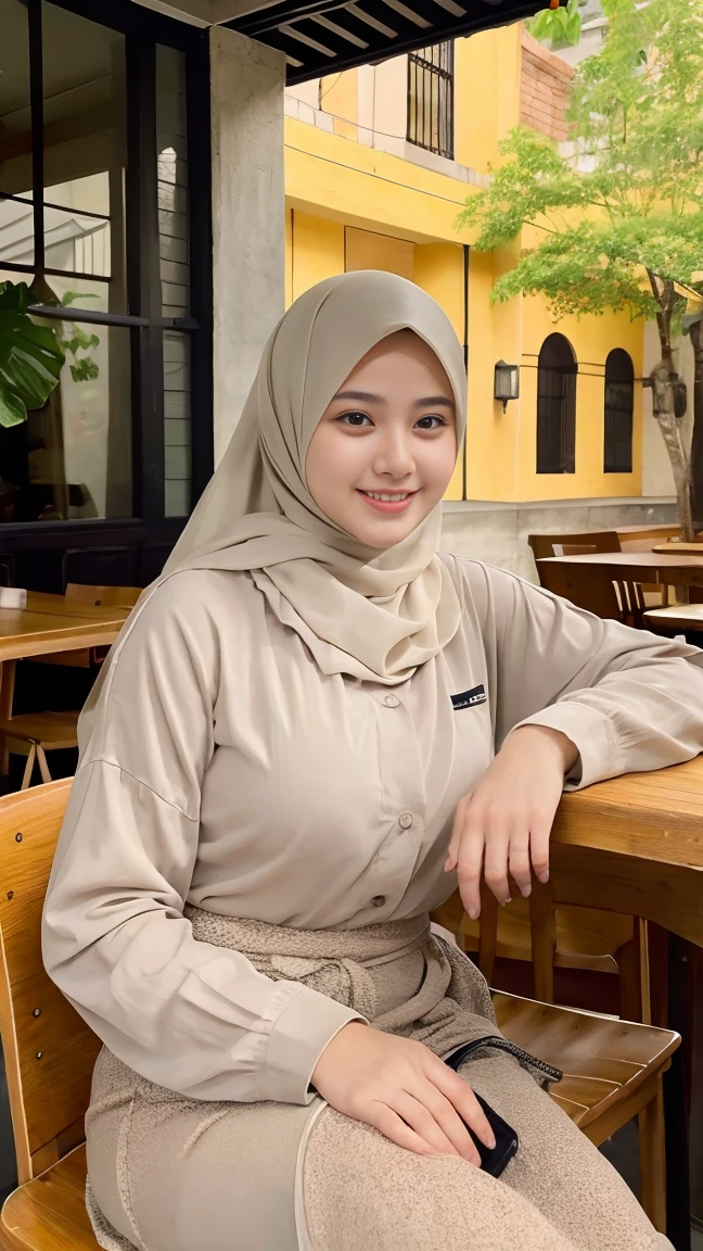 Selfie taken, See full body, luxury details, 8k, natural, realistic, amazing shots, ULTRA HD,
1 girl, 18 years old, smooth white face, white skin, smailing, neat white teeth, big breasts, wearing a long white hijab covering the body, with decorations on the hijab, Muslim clothes for worship, beautiful face, beautiful black face, cute, curly eyelashes, beautiful eyes , sweet smile, sitting on the cafe chairs, Indonesian Muslim, realistic, atmosphere in the out door, in the cafe,