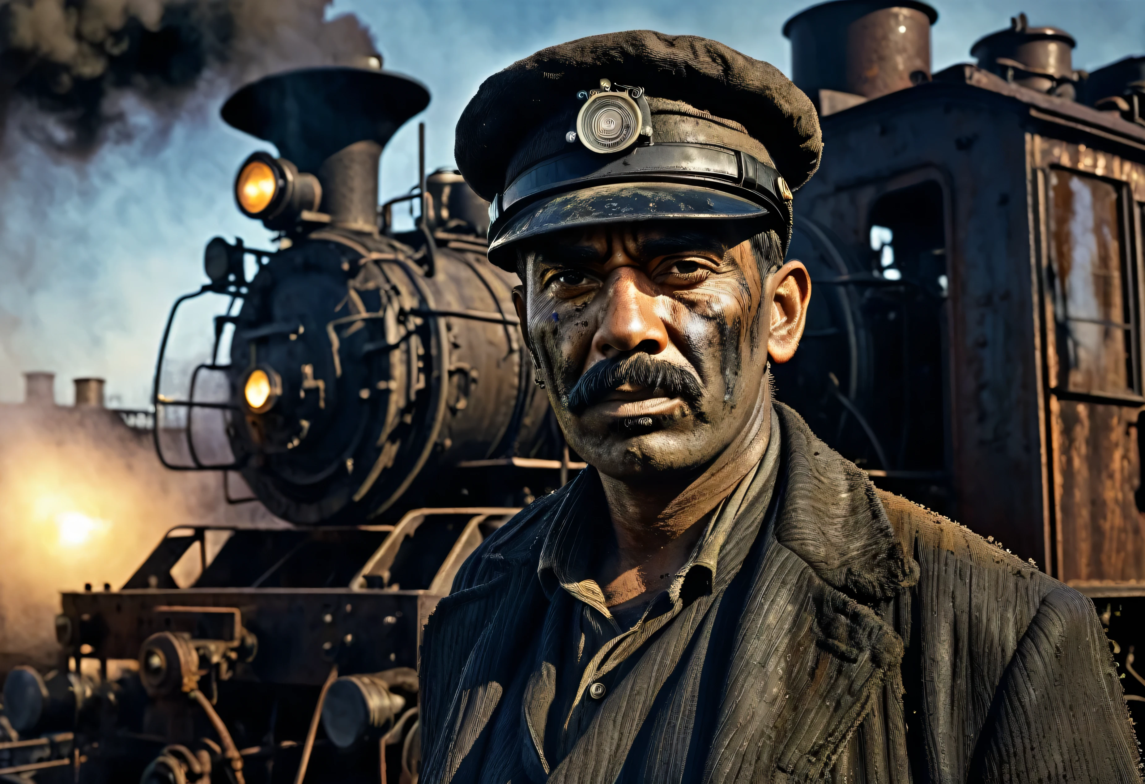 Cinematic Portrait render of gritty Steam Locomotive, dark tones with dramatic light and shadow, front view of Steam Locomotive worker in filthy oil-stained clothing, face creased with strain and grime from back-breaking labor, photorealism, 1910s industrial setting ,((( The Steam Locomotive in Background)))