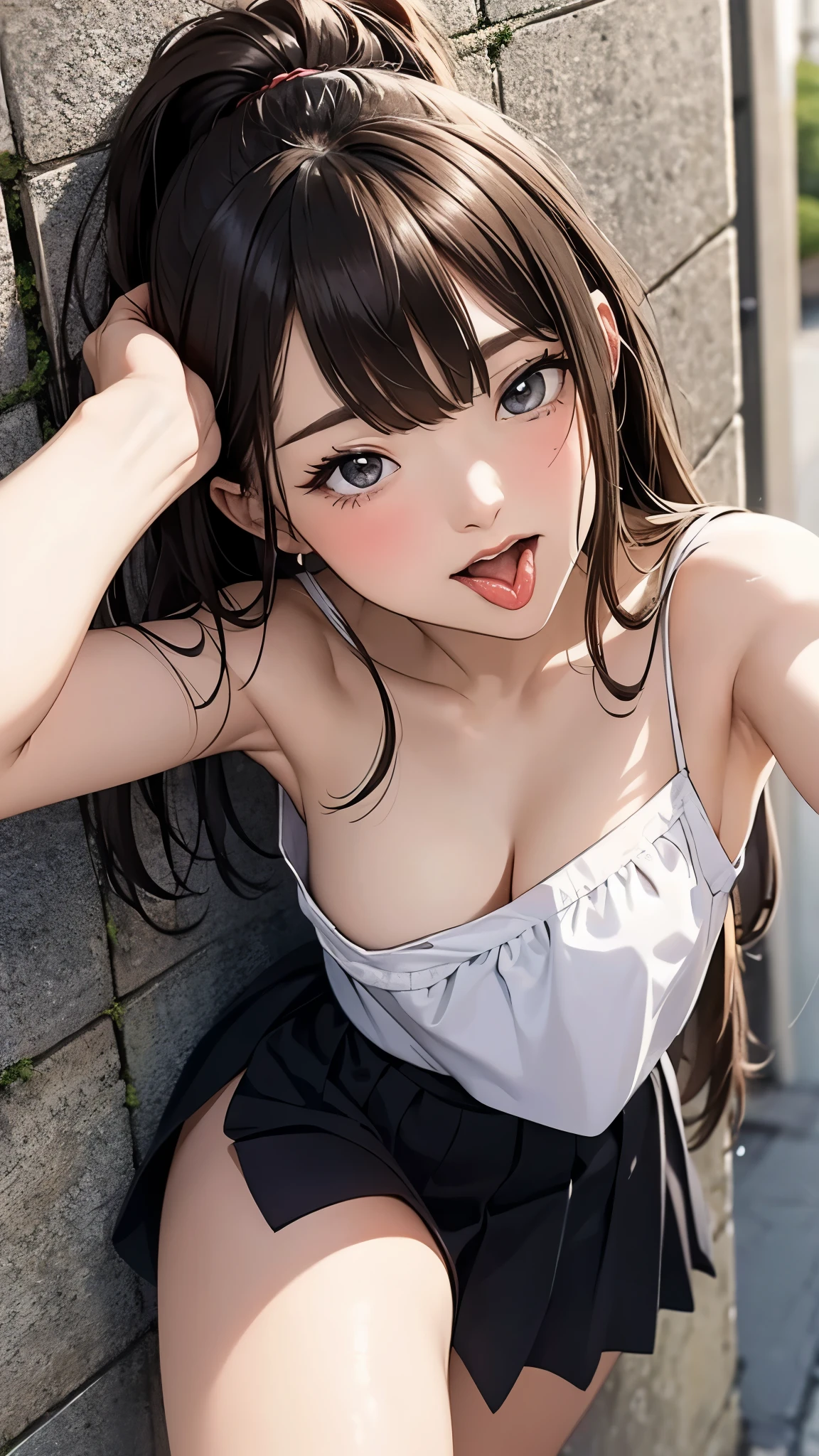 highest quality、4K quality、lean against the wall、Beautiful cleavage、Beautiful Style、tall、Small breasts、Bare buttocks、Small Ass、Shy face、20 year old princess、Bare shouldery skirt is blown up by the wind、ultra detail eye,Shooting from behind、Off-the-shoulder summer dress、Grab the hem of your skirt、nude legs、stick out your tongue and wink