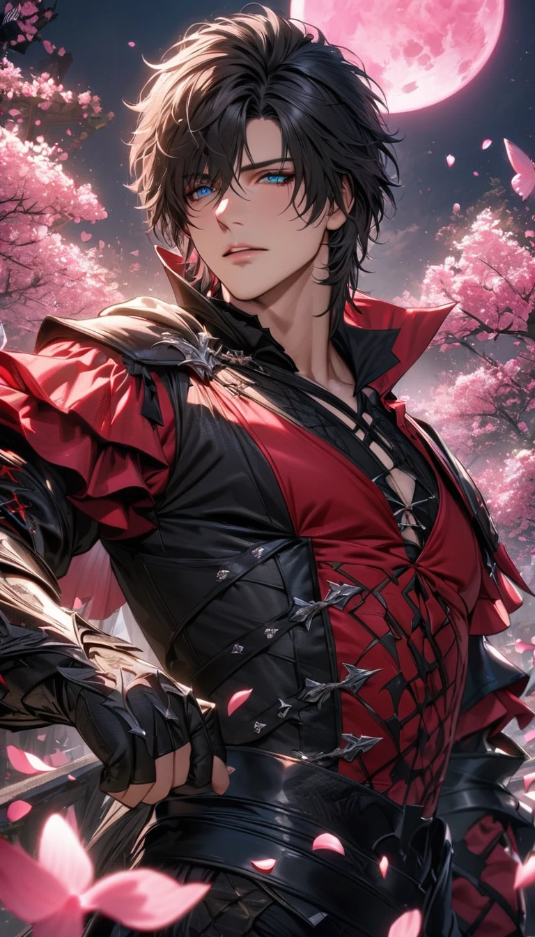 absurdres, highres, ultra detailed, HDR, master piece, best quality, Clive Rosfield, black hair, expressive blue eyes, Final Fantasy XVI, sexy man, solo, handsome, black and red clothes, pink petals, pink moon, pink flowers, pink butterflies, blossoms